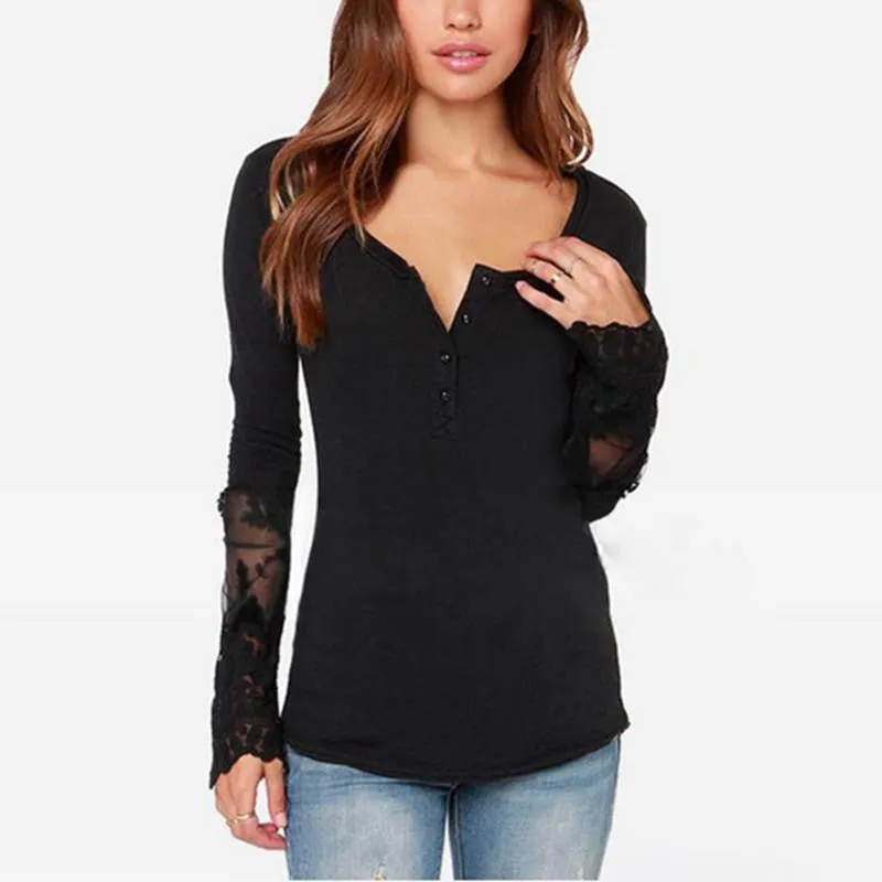 Women Long Sleeve O-Neck Lace Patchwork Tops Ladies Casual Blouses Shirts Plus Size