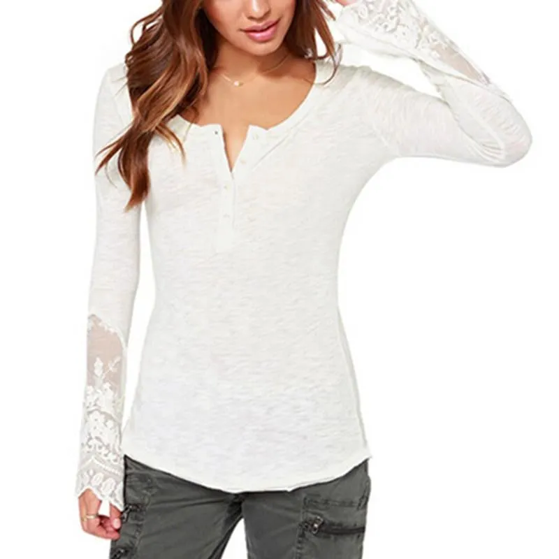 Women Long Sleeve O-Neck Lace Patchwork Tops Ladies Casual Blouses Shirts Plus Size