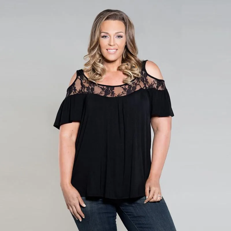 Women Off Shoulder Tops Short Sleeve Lace Patchwork Loose Casual Plus Size Women Blouses Shirt 5XL 6XL
