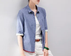 Women Shirts Half Sleeve BF Denim Casual Shirts Female Patchwork Casual Loose Solid Blouses