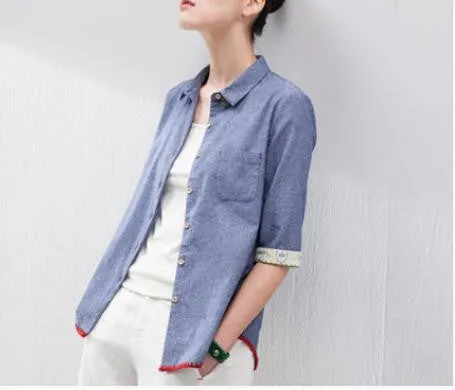 Women Shirts Half Sleeve BF Denim Casual Shirts Female Patchwork Casual Loose Solid Blouses
