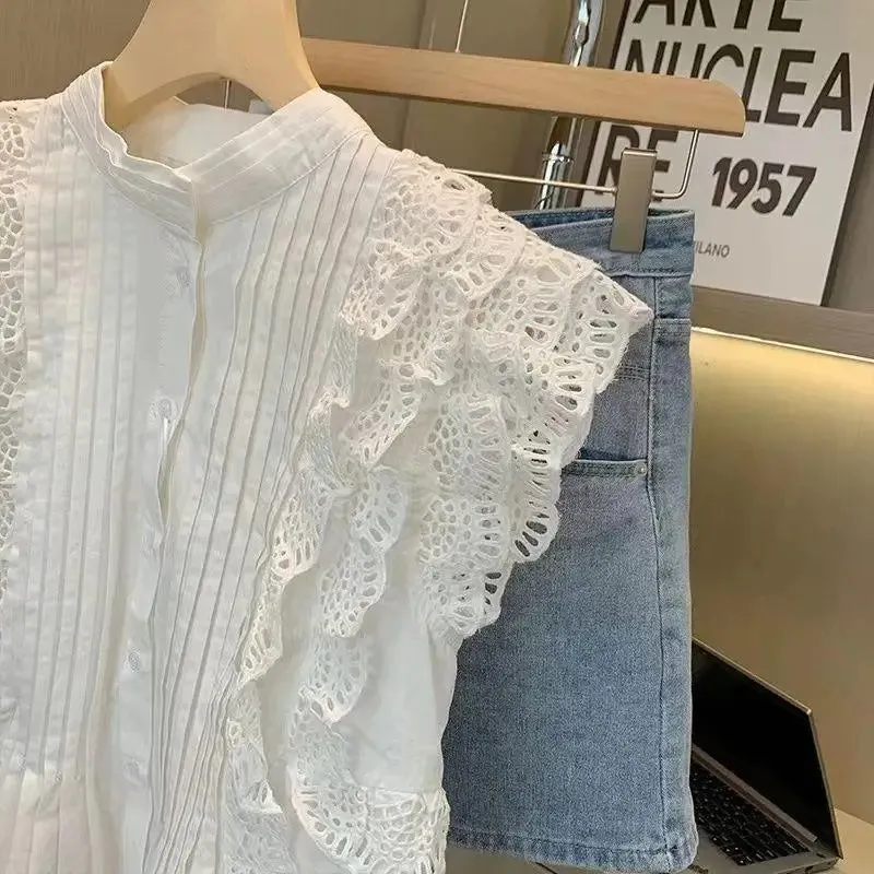 Women Solid Color Sleeveless Lace Hollowed Out Blouses Fashion Commute Round Neck Button Shirts Vest Tops