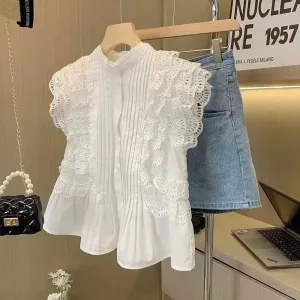 Women Solid Color Sleeveless Lace Hollowed Out Blouses Fashion Commute Round Neck Button Shirts Vest Tops