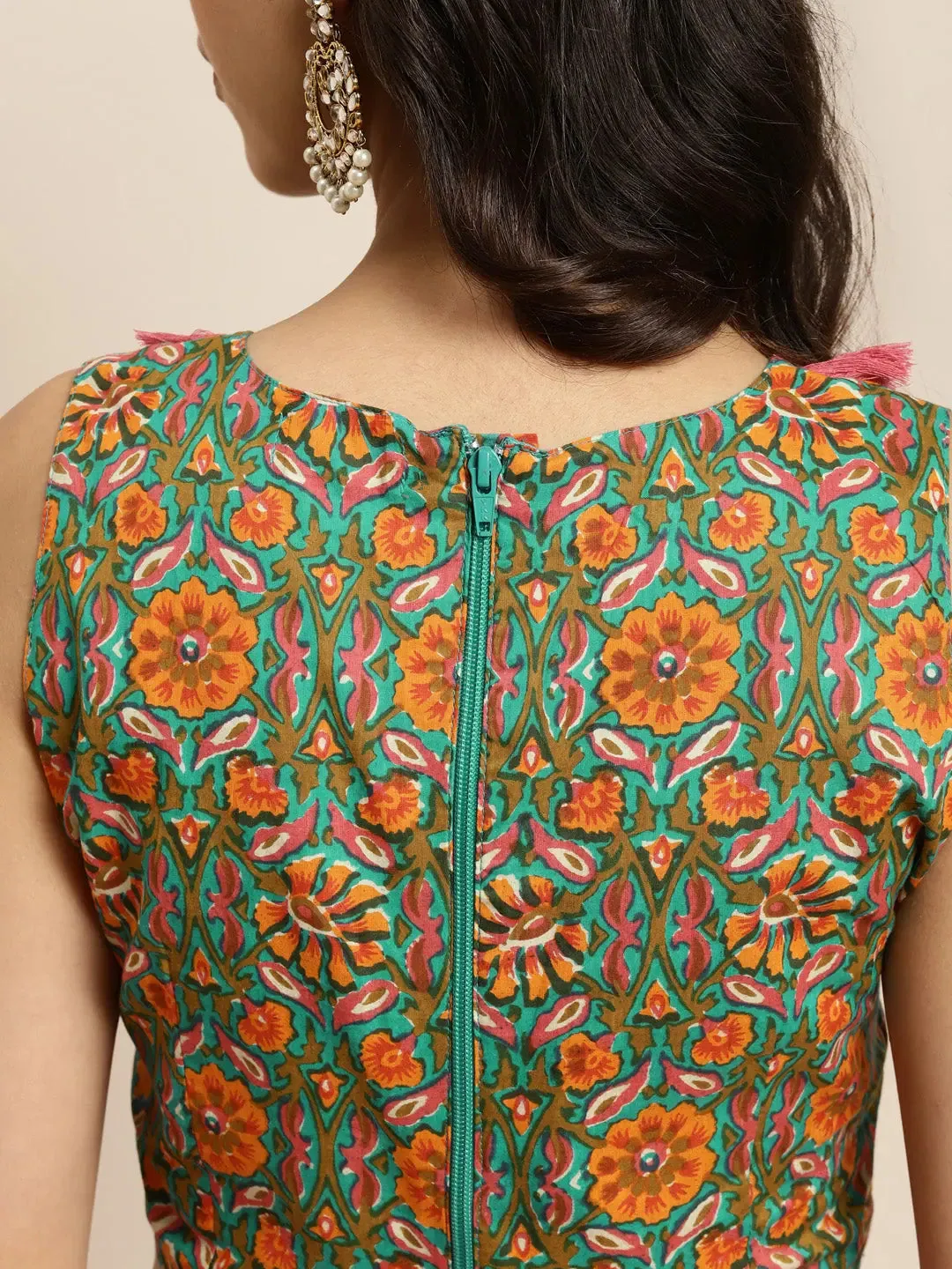 Women Teal Chanderi Floral Tassel Crop Top