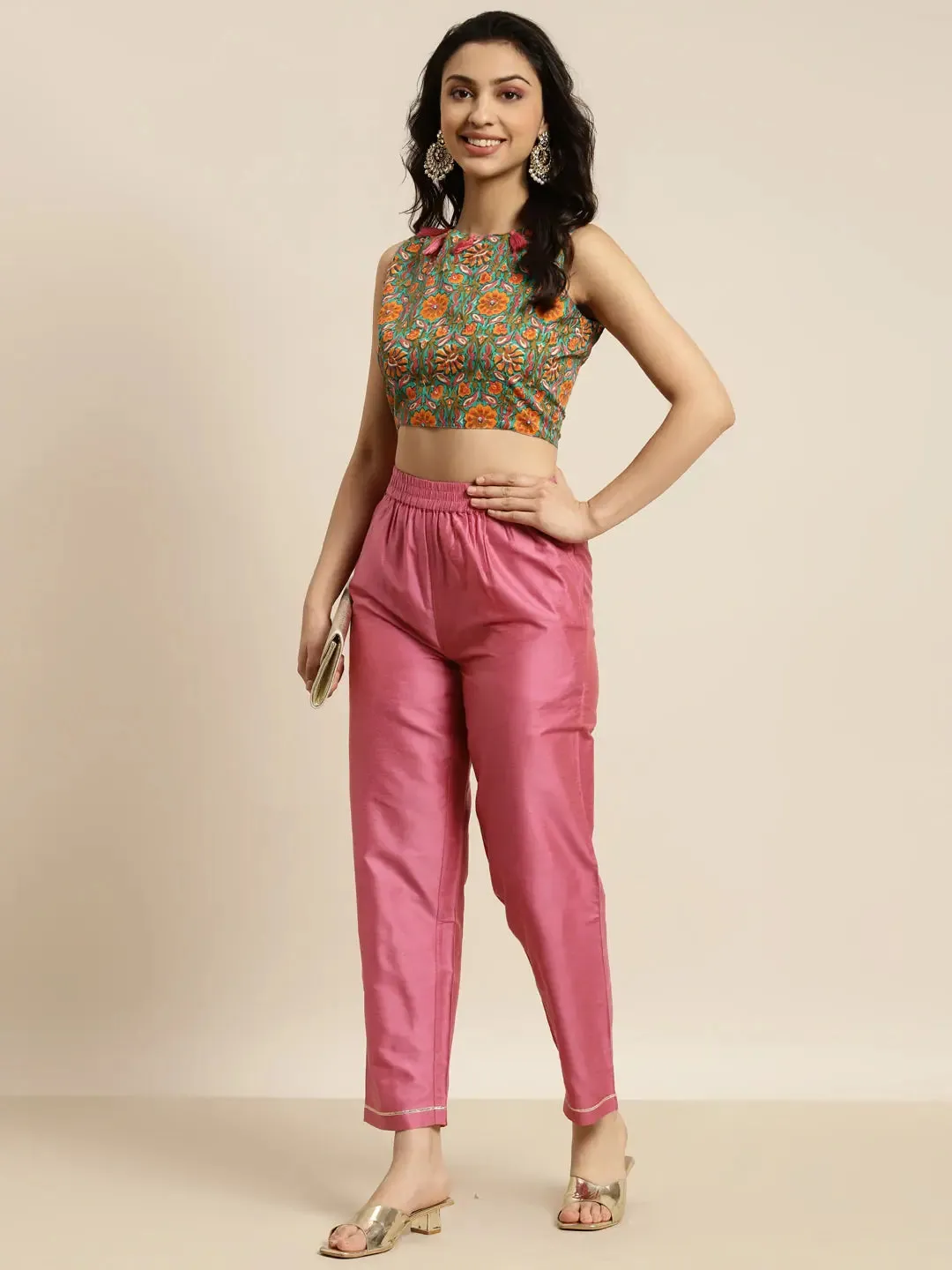 Women Teal Chanderi Floral Tassel Crop Top