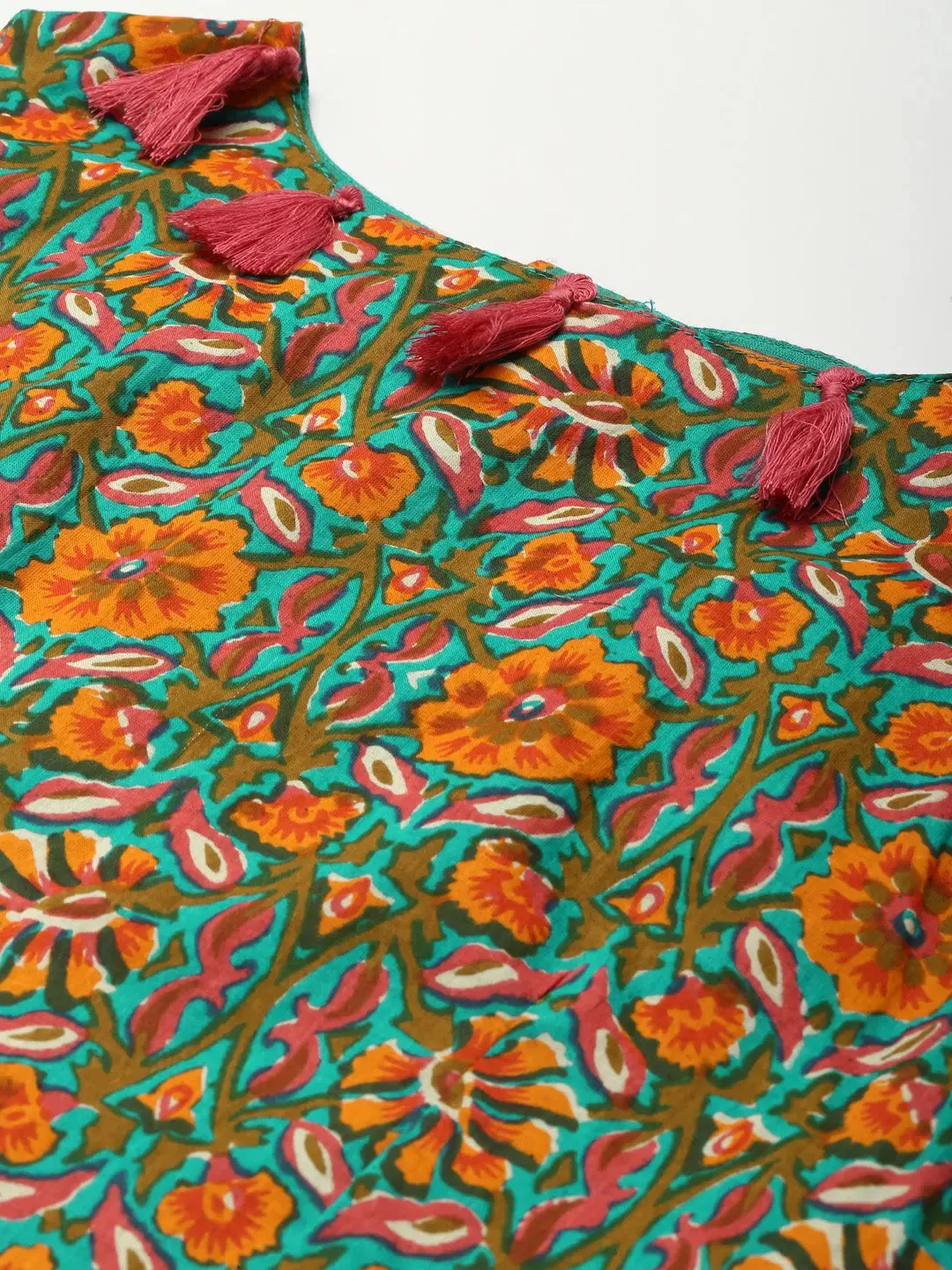 Women Teal Chanderi Floral Tassel Crop Top