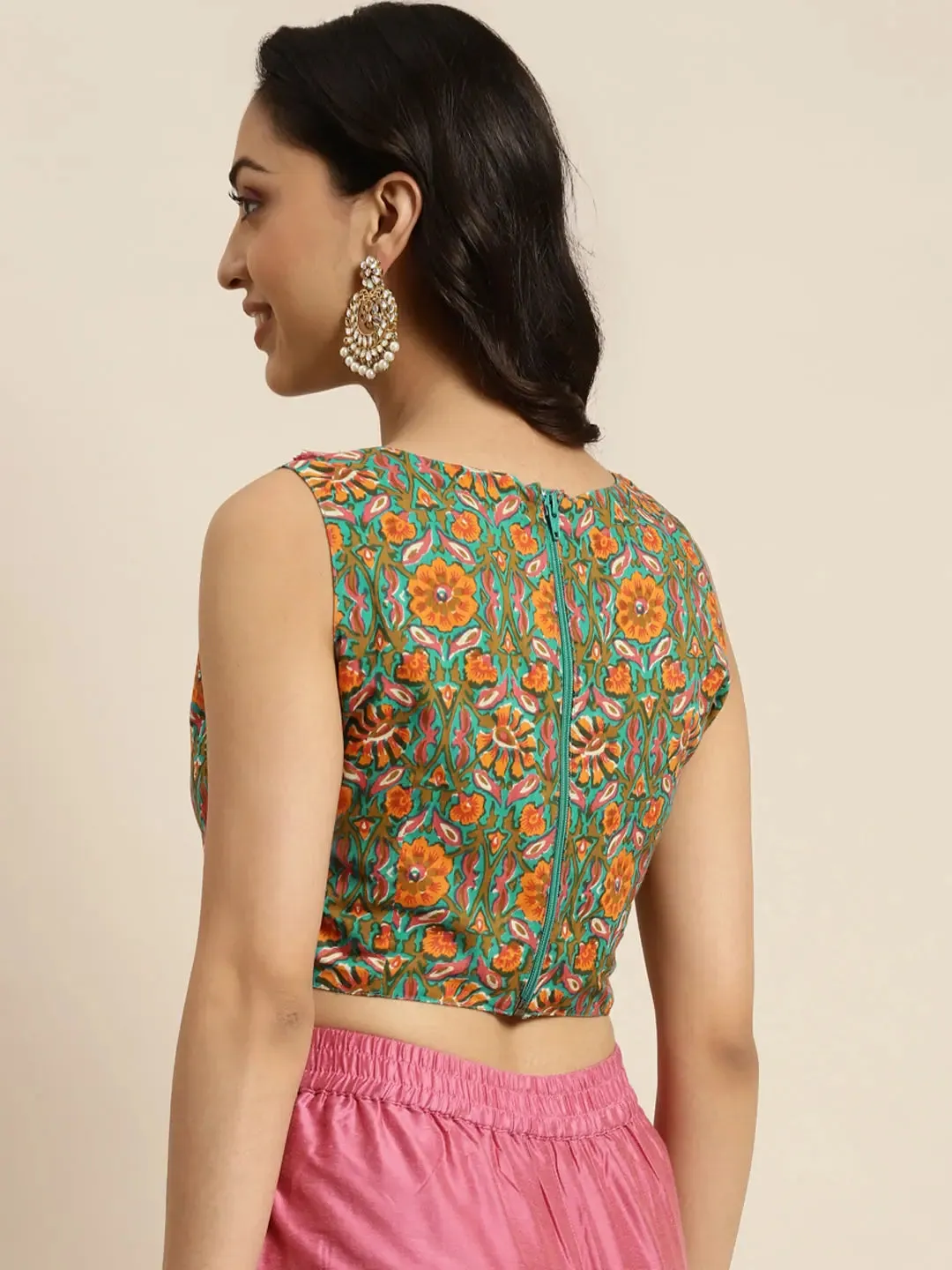 Women Teal Chanderi Floral Tassel Crop Top