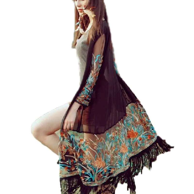 Women Vintage Boho Floral Tassel Beach Cover Up Tops Chiffon Blouse Shirts Long Cardigan