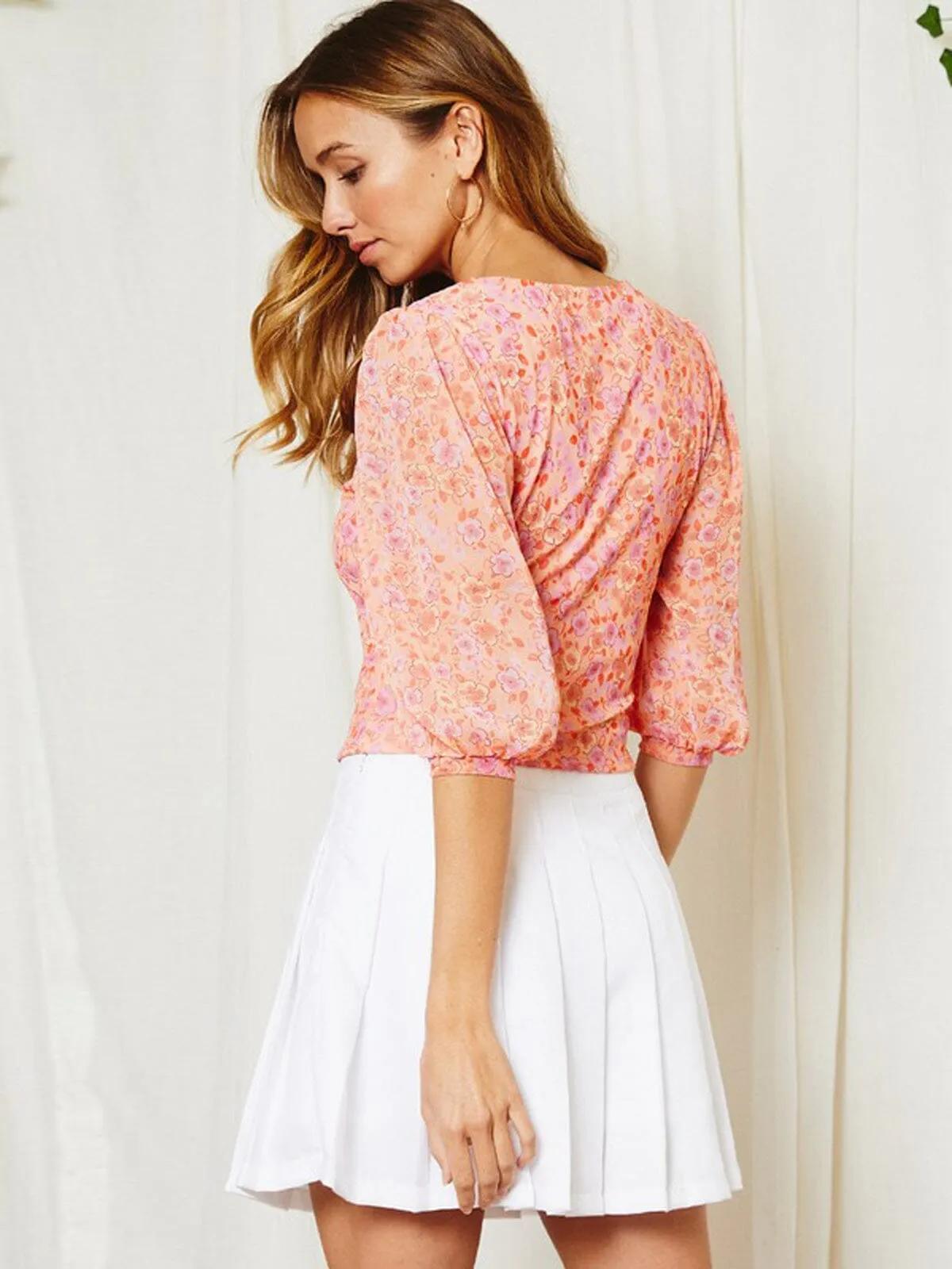WOMEN'S 3/4 PUFF SLEEVE FLORAL TOP