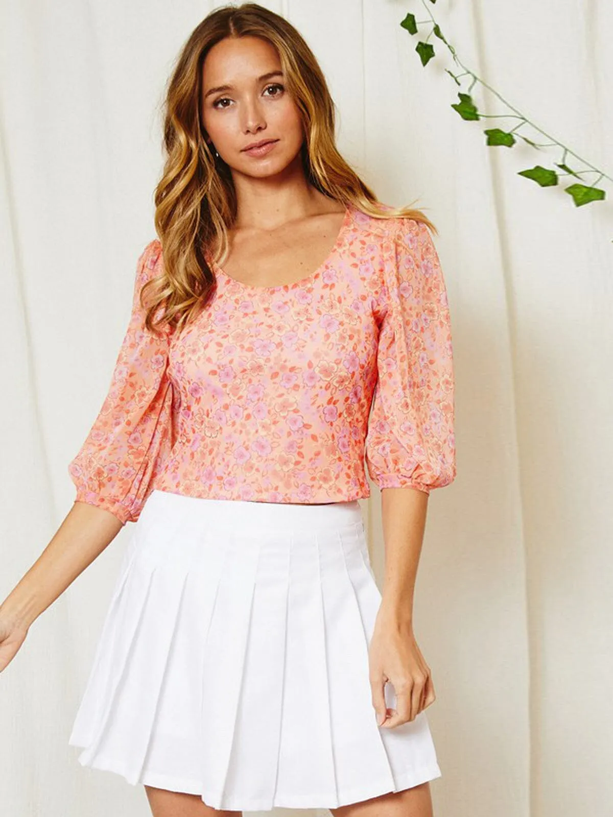WOMEN'S 3/4 PUFF SLEEVE FLORAL TOP