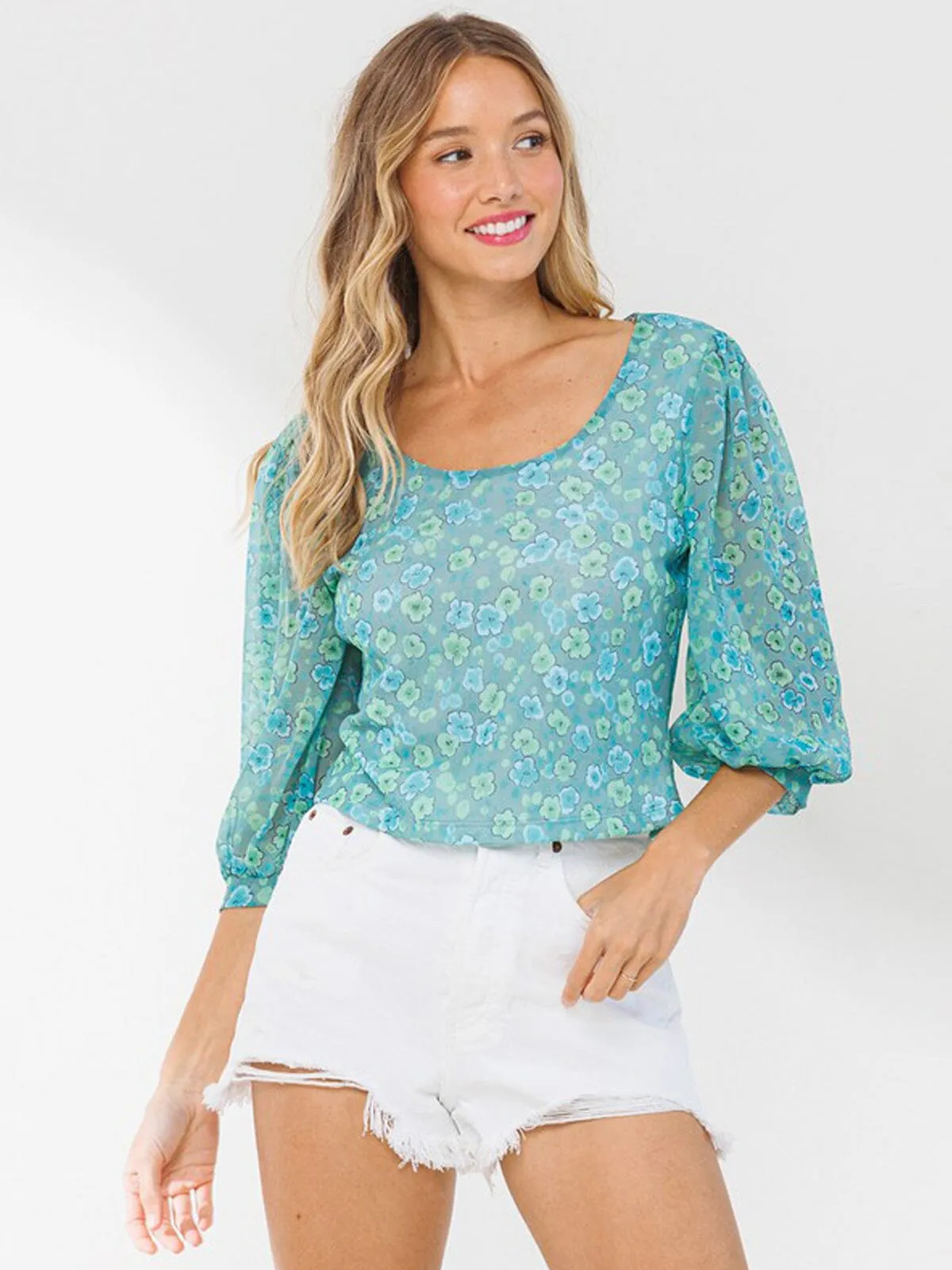 WOMEN'S 3/4 PUFF SLEEVE FLORAL TOP