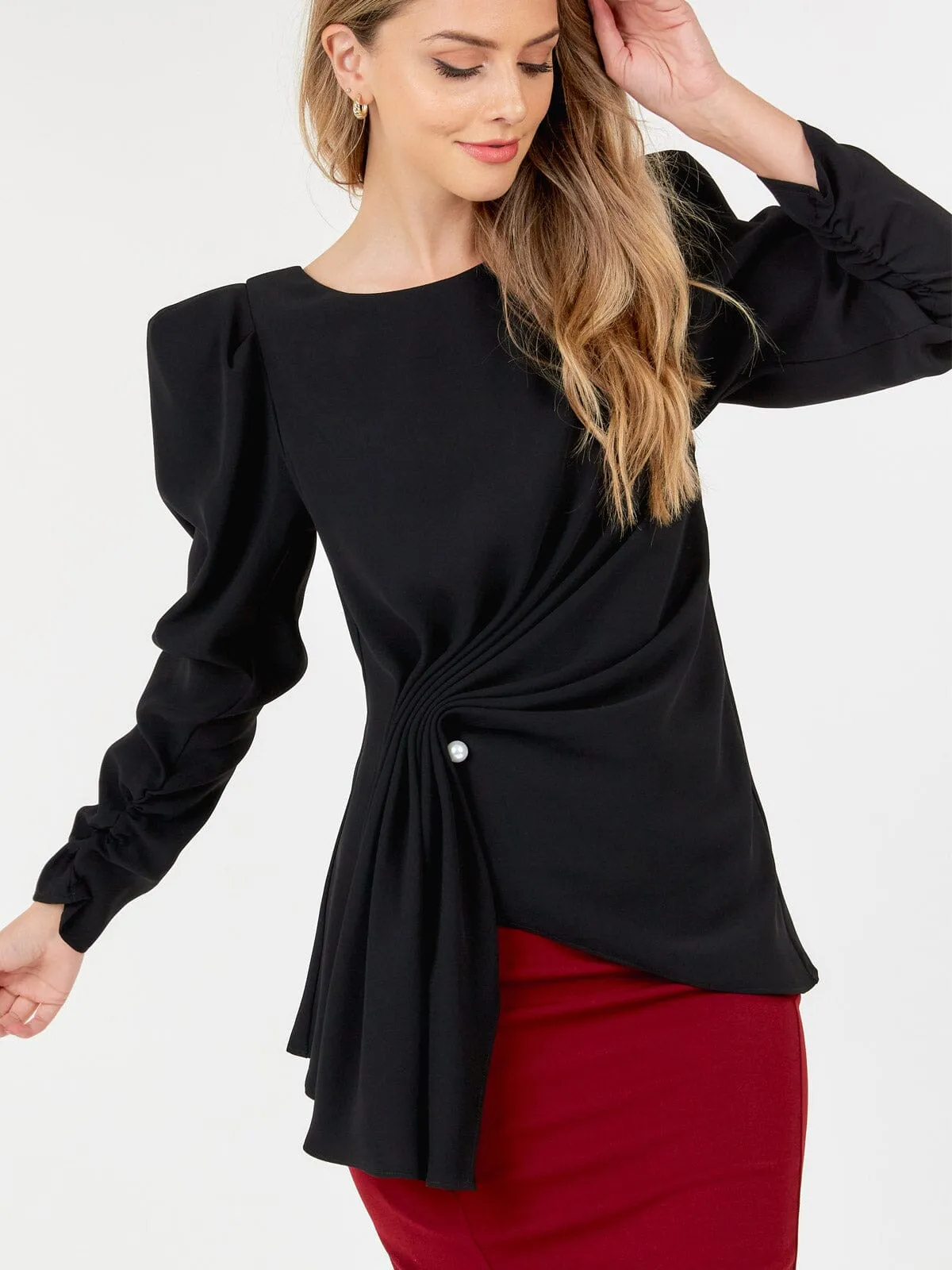 WOMEN'S 3/4 PUFF SLEEVE FRONT DETAILED BLOUSE
