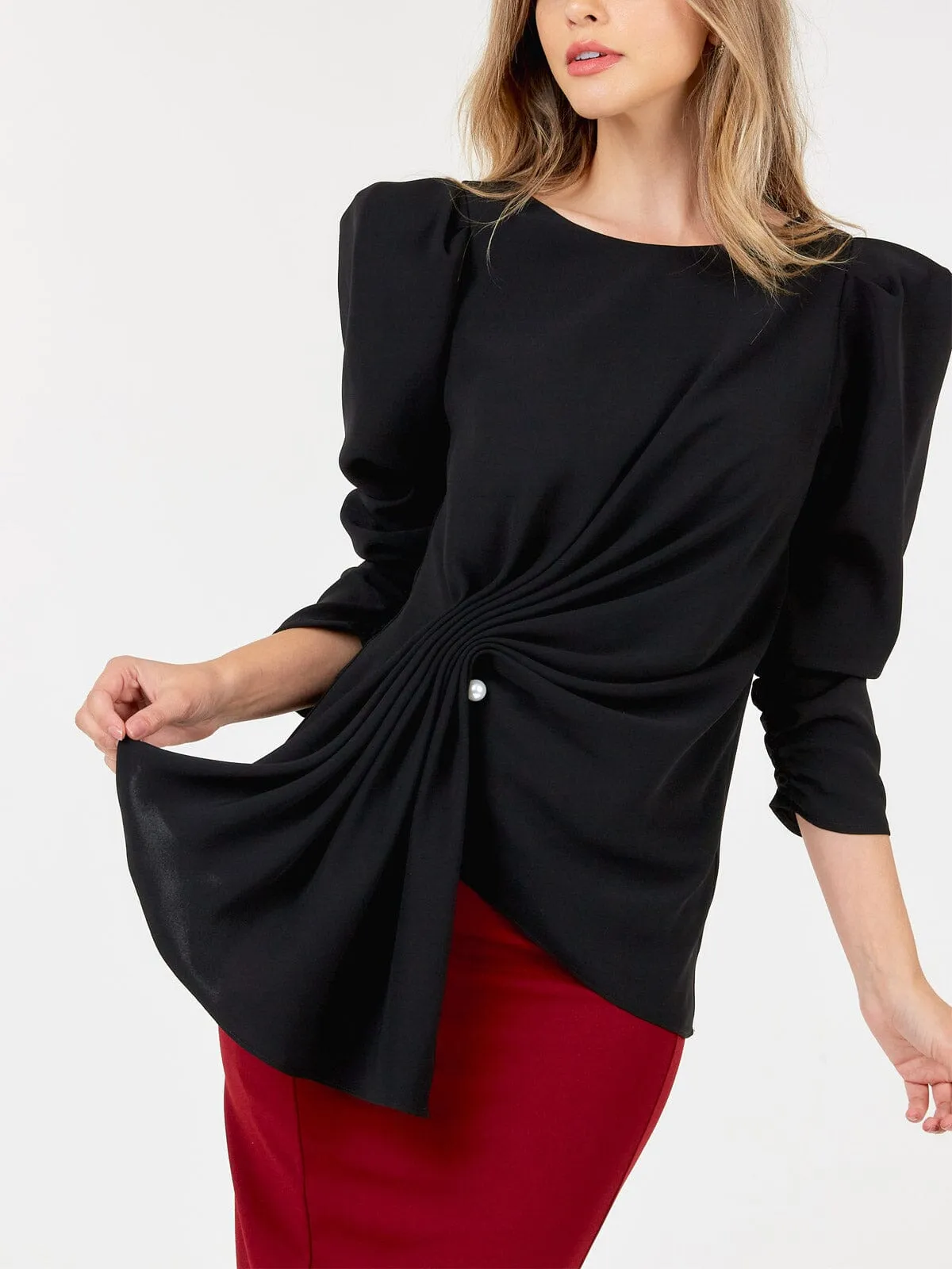 WOMEN'S 3/4 PUFF SLEEVE FRONT DETAILED BLOUSE