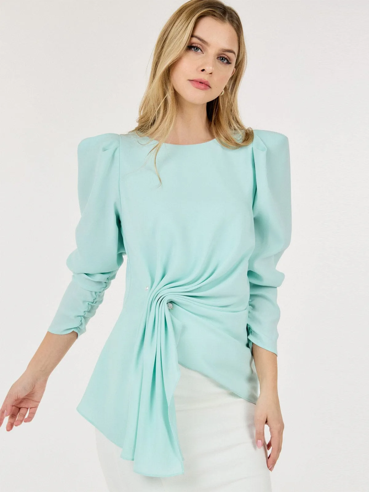 WOMEN'S 3/4 PUFF SLEEVE FRONT DETAILED BLOUSE
