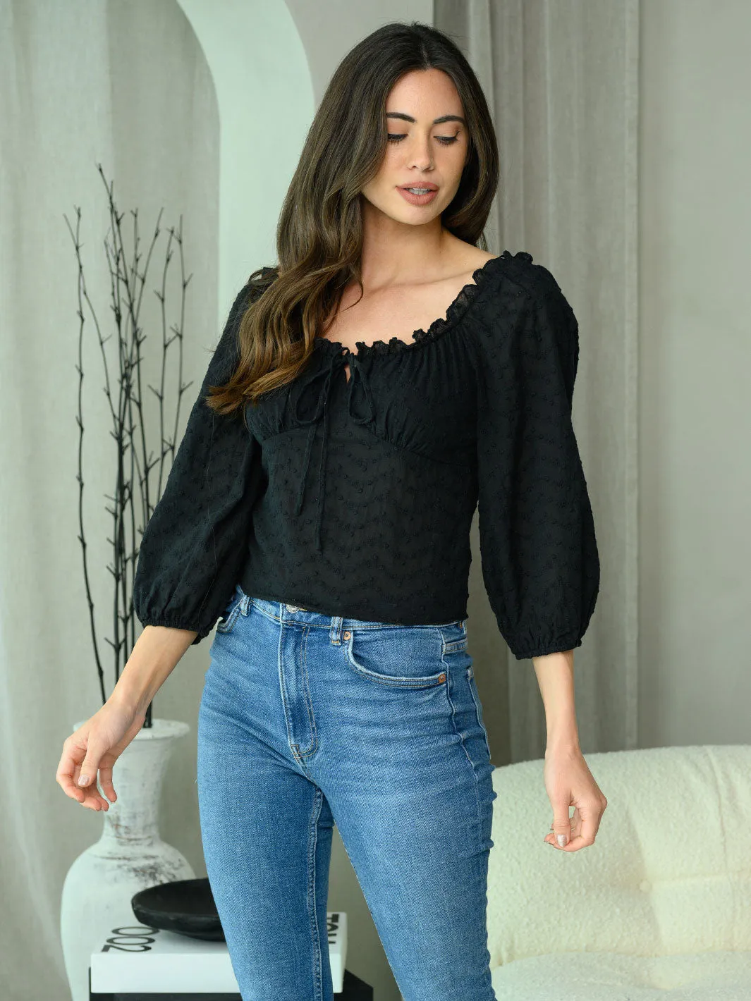 WOMEN'S 3/4 PUFF SLEEVE SQUARE NECK DITSY EYELET TOP
