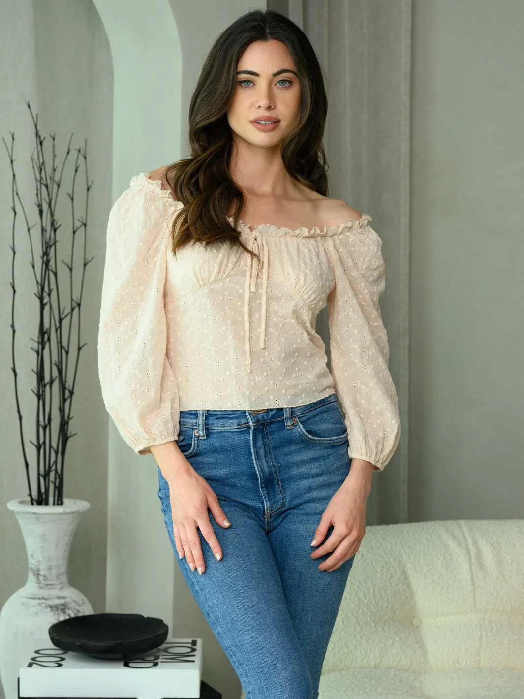 WOMEN'S 3/4 PUFF SLEEVE SQUARE NECK DITSY EYELET TOP