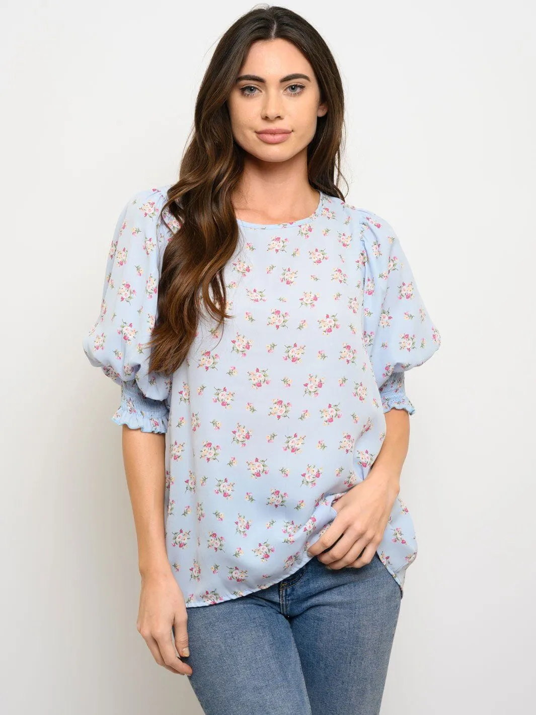 WOMEN'S FLORAL PRINT SHORT PUFF SLEEVE TOP