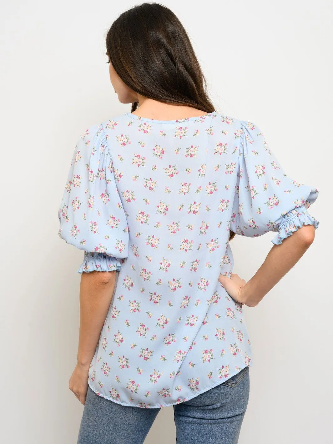WOMEN'S FLORAL PRINT SHORT PUFF SLEEVE TOP