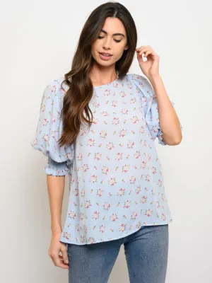 WOMEN'S FLORAL PRINT SHORT PUFF SLEEVE TOP