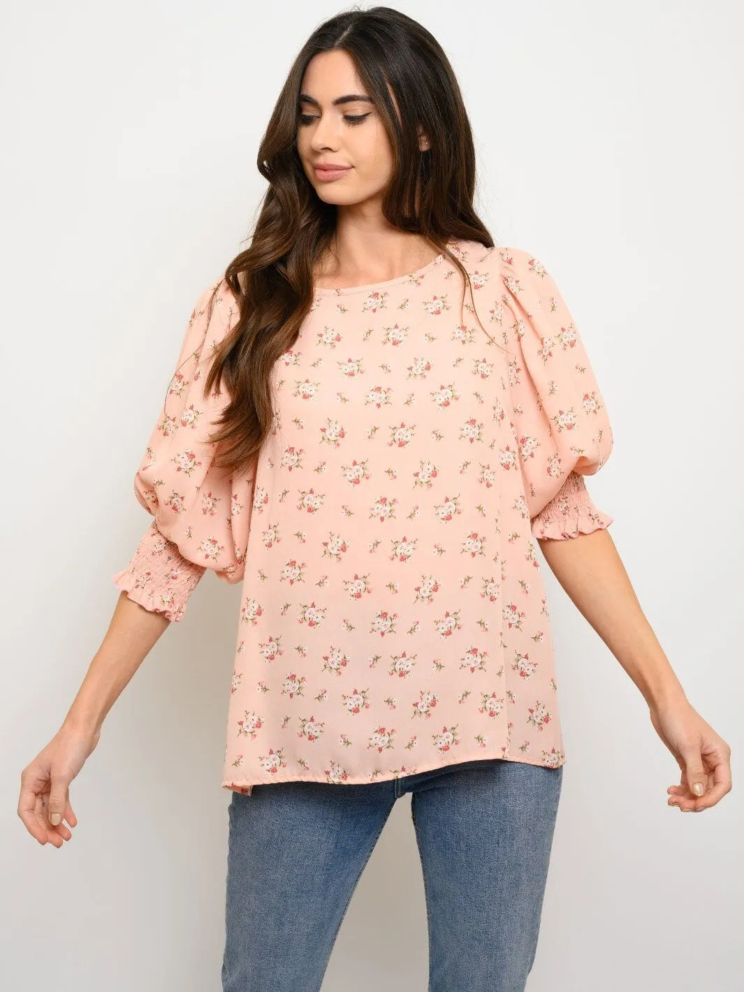 WOMEN'S FLORAL PRINT SHORT PUFF SLEEVE TOP