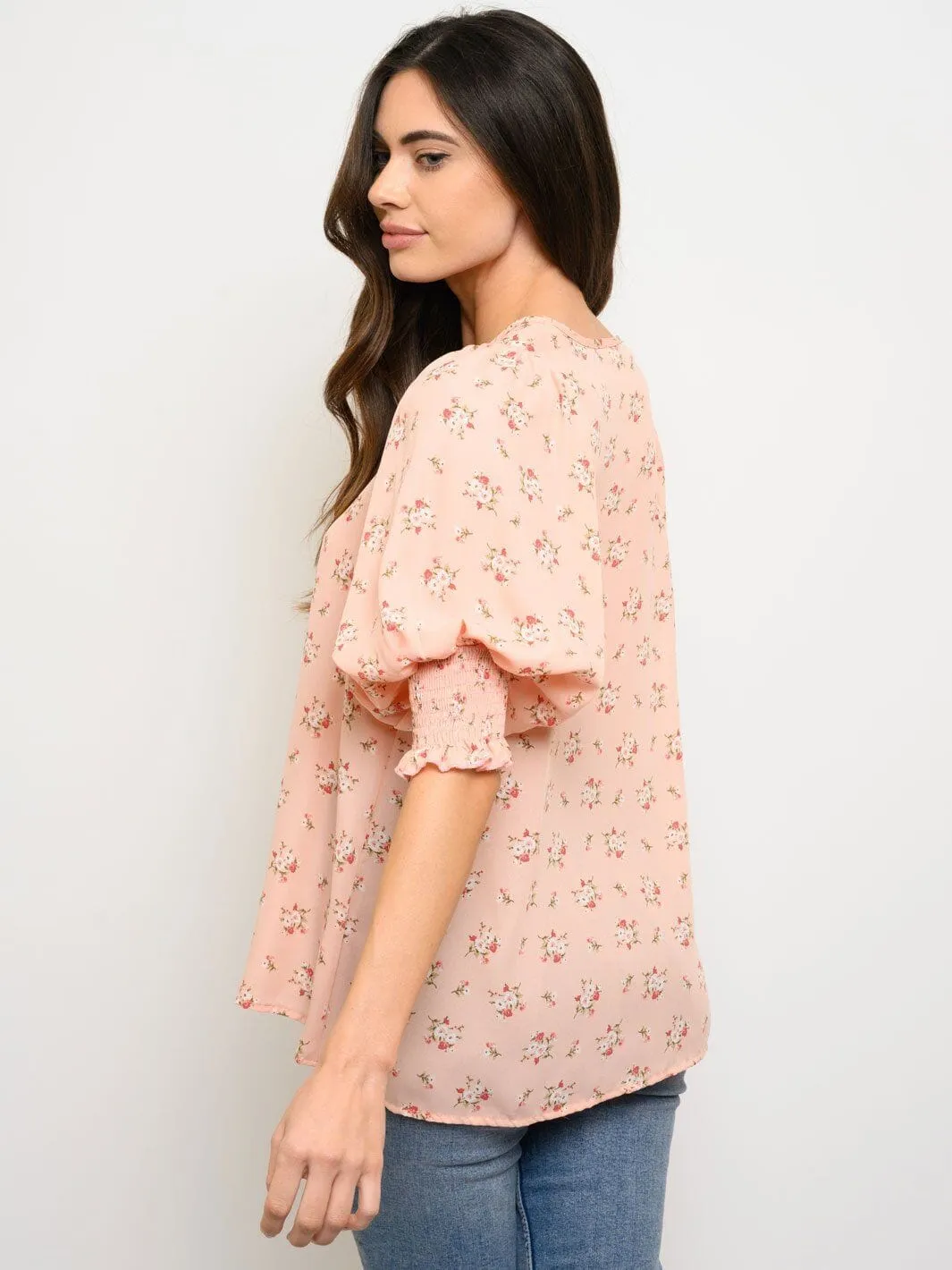 WOMEN'S FLORAL PRINT SHORT PUFF SLEEVE TOP