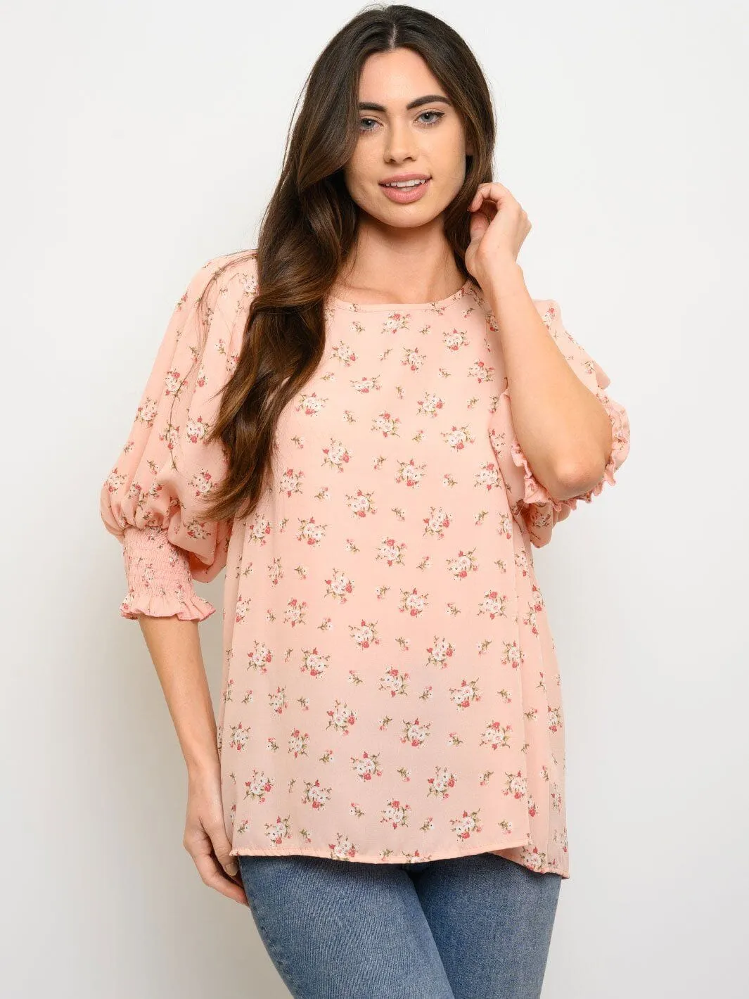 WOMEN'S FLORAL PRINT SHORT PUFF SLEEVE TOP