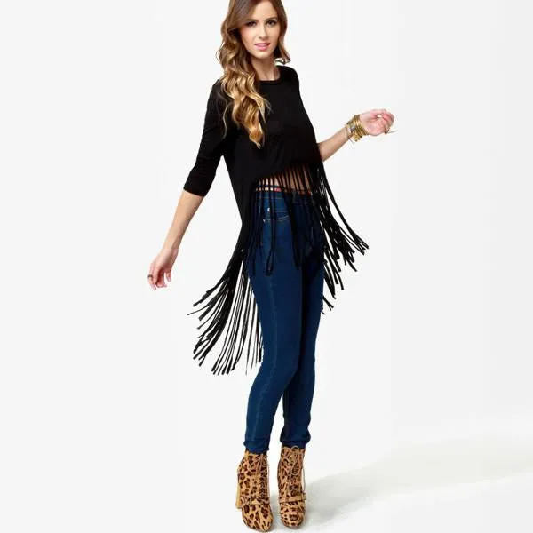 Womens Irregular Tassel Black Tops Three Quarter sleeve Female Fashion T-shirts