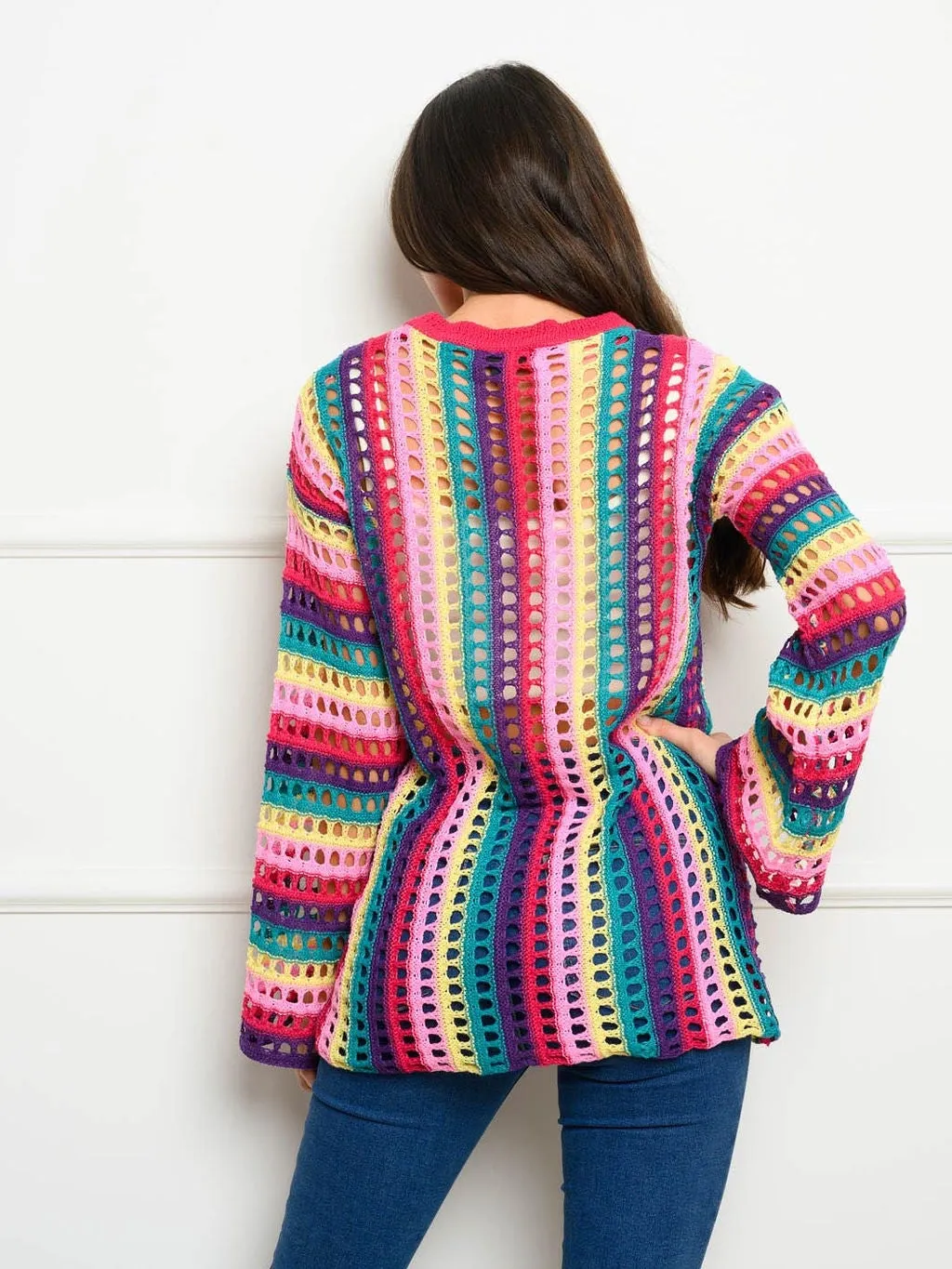 WOMEN'S LONG BELL SLEEVE CROCHET SWEATER