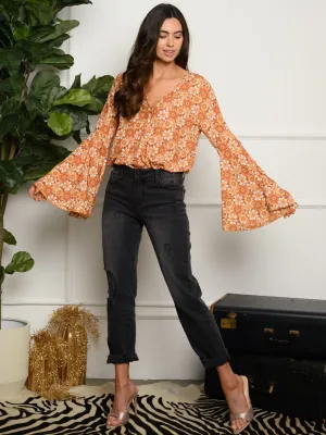WOMEN'S LONG BELL SLEEVE FLORAL SURPLICE BODYSUIT