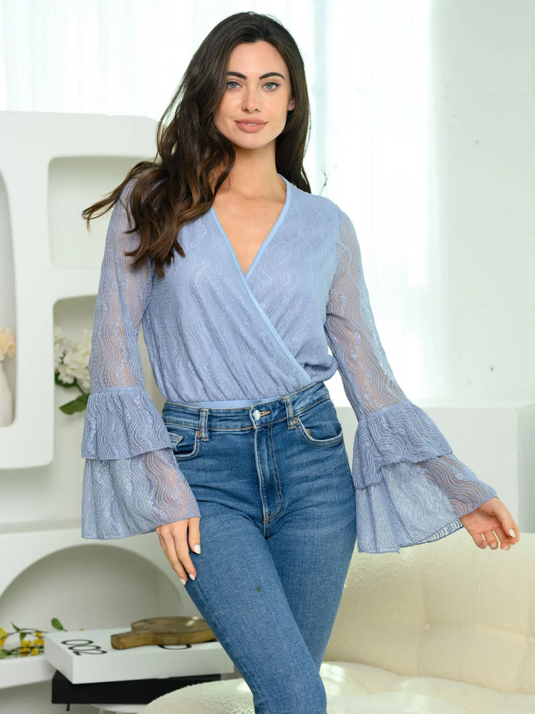 WOMEN'S LONG BELL SLEEVE SURPLICE LACE BODYSUIT