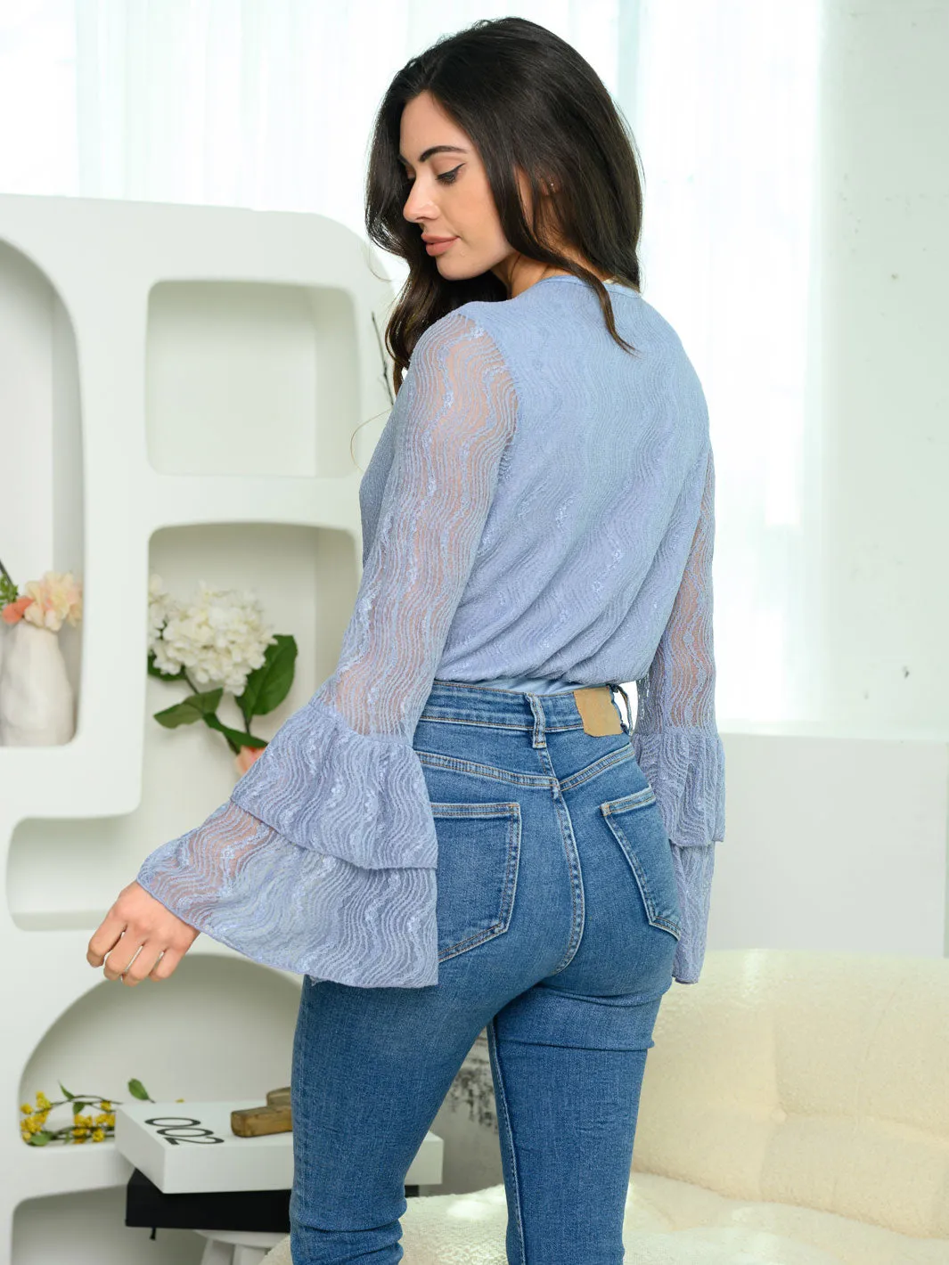 WOMEN'S LONG BELL SLEEVE SURPLICE LACE BODYSUIT