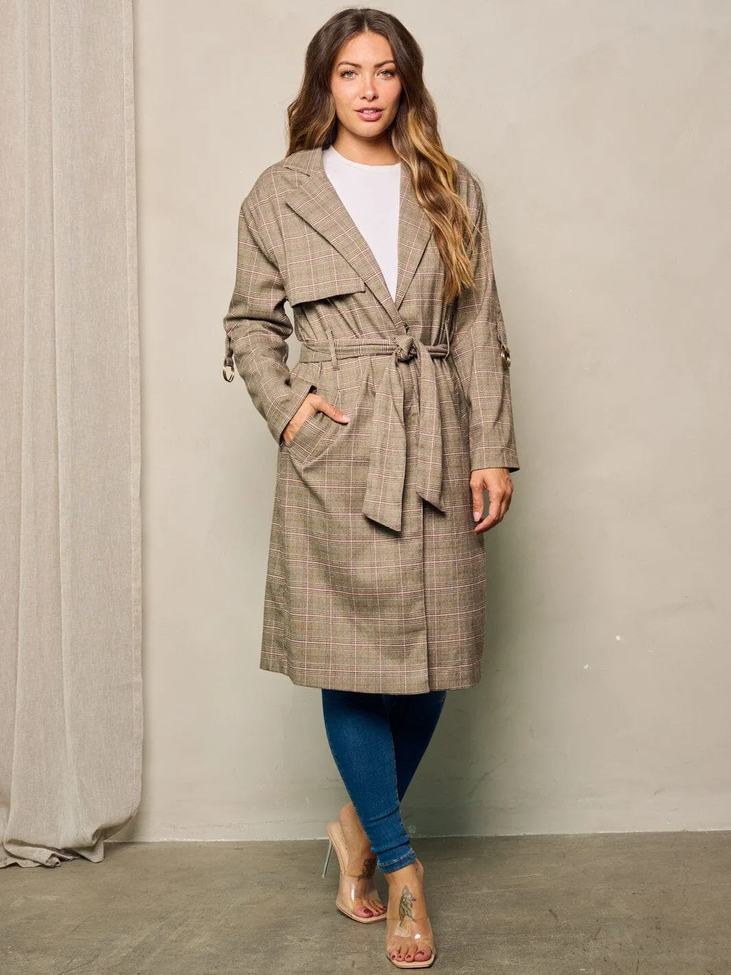 WOMEN'S LONG SLEEVE BUTTON CLOSURE POCKETS PLAID COAT