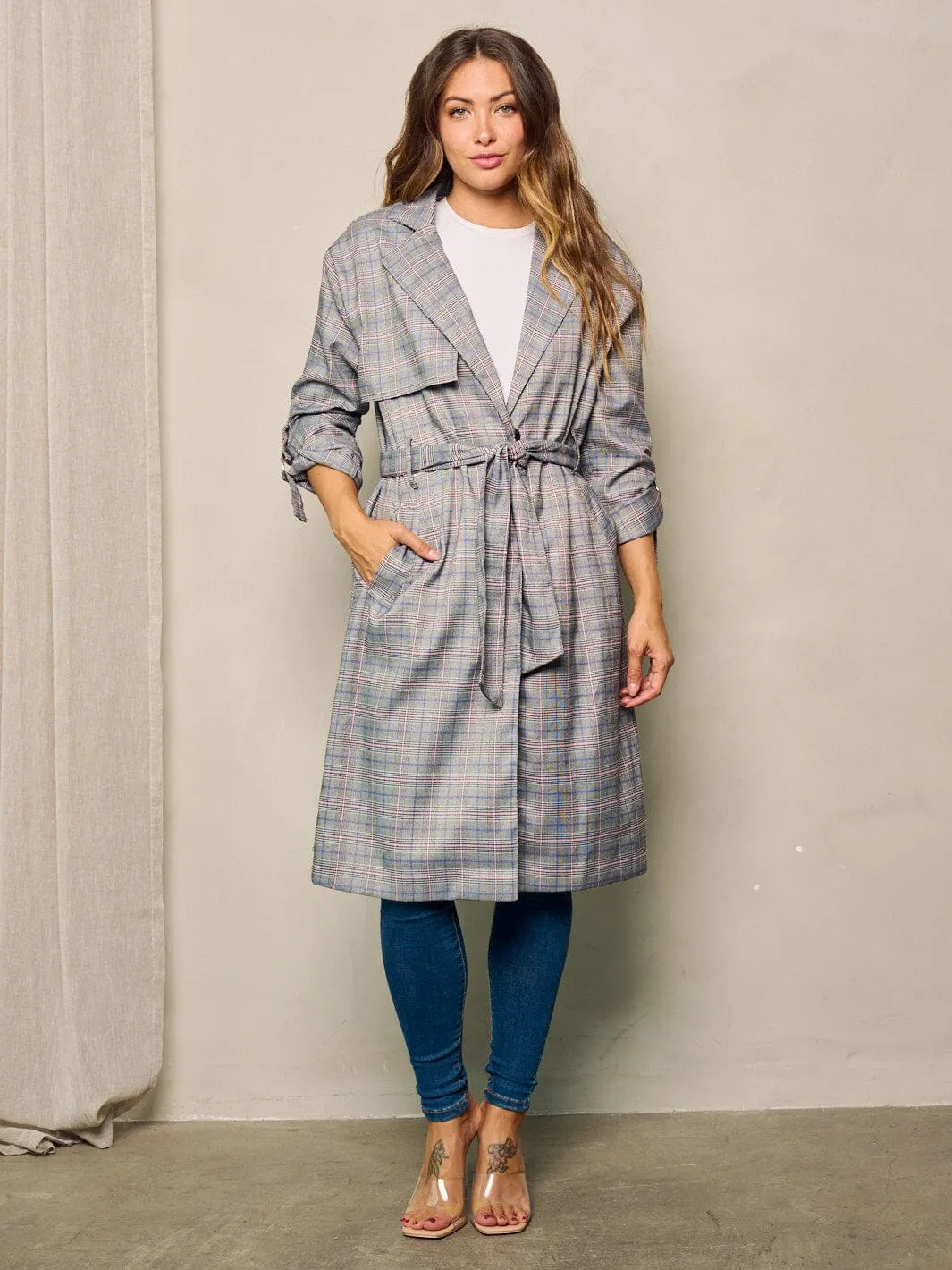 WOMEN'S LONG SLEEVE BUTTON CLOSURE POCKETS PLAID COAT