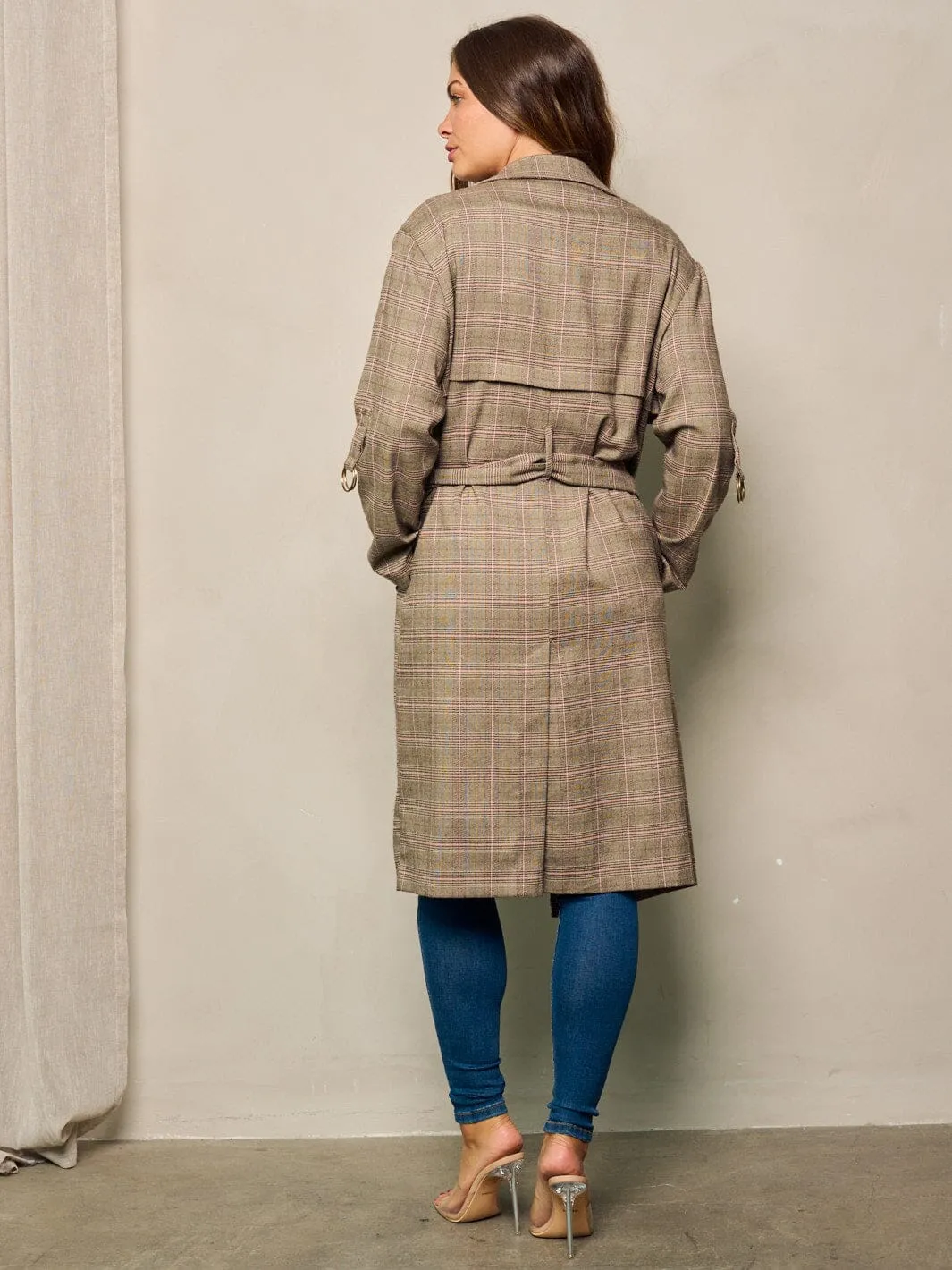 WOMEN'S LONG SLEEVE BUTTON CLOSURE POCKETS PLAID COAT