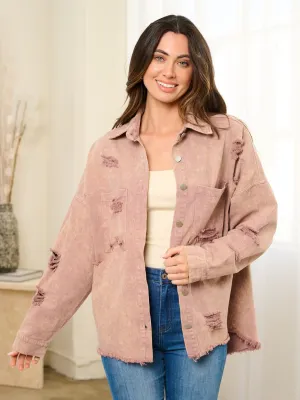 WOMEN'S LONG SLEEVE BUTTON UP DISTRESS WASHED JACKET