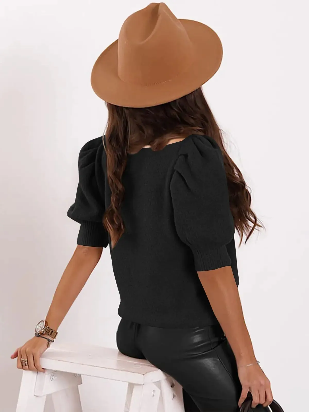 Women's Puff Short Sleeve Sweater Tops 2024 Spring Summer Trendy Crew/Square/V Neck Casual T Shirts Blouses Medium D-black