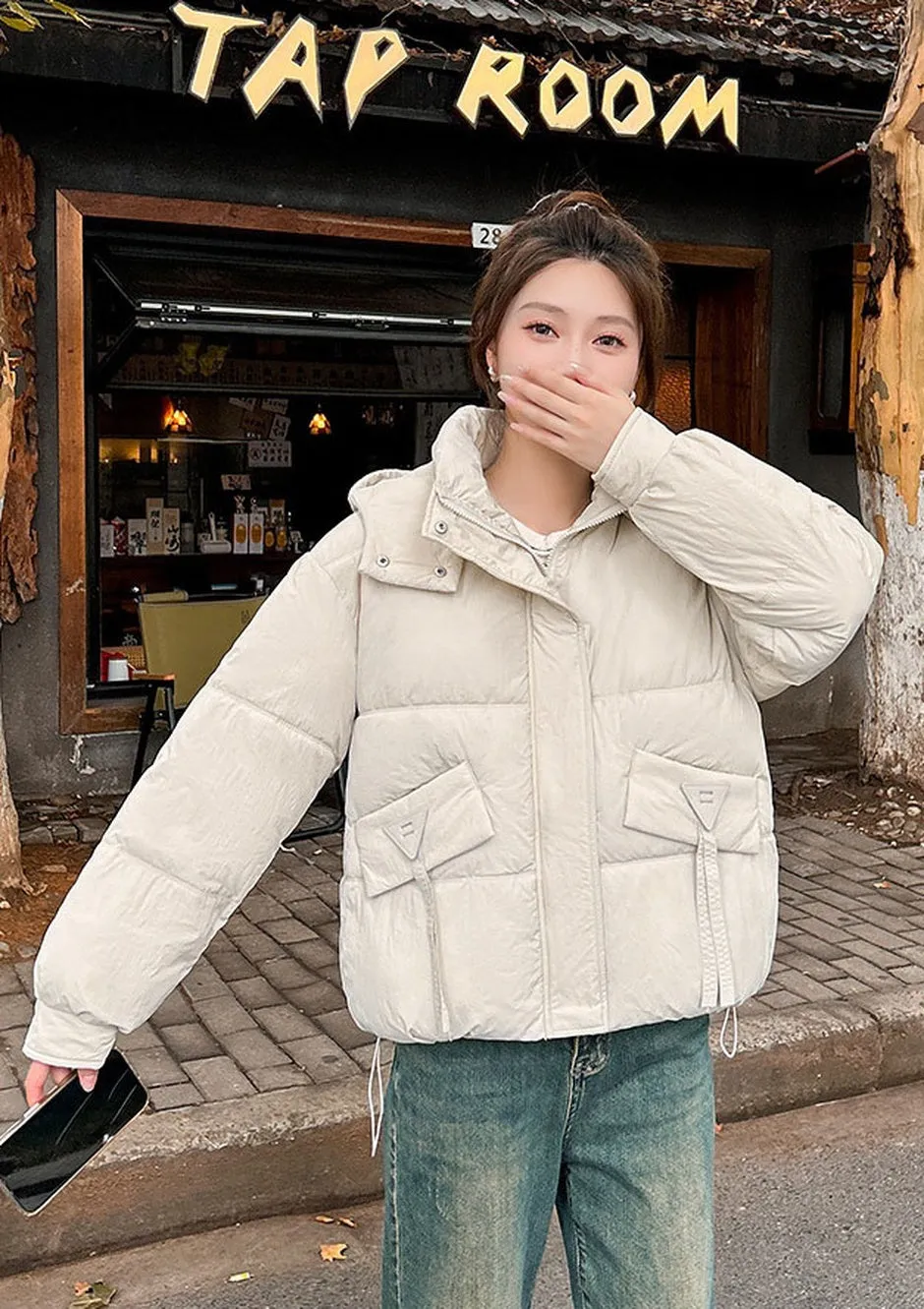 Women's Quilted Puffer Jacket in Solid Color with Padded Comfort