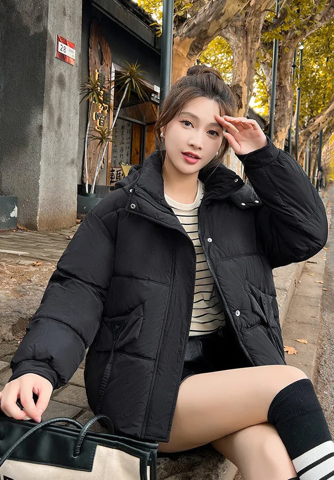 Women's Quilted Puffer Jacket in Solid Color with Padded Comfort