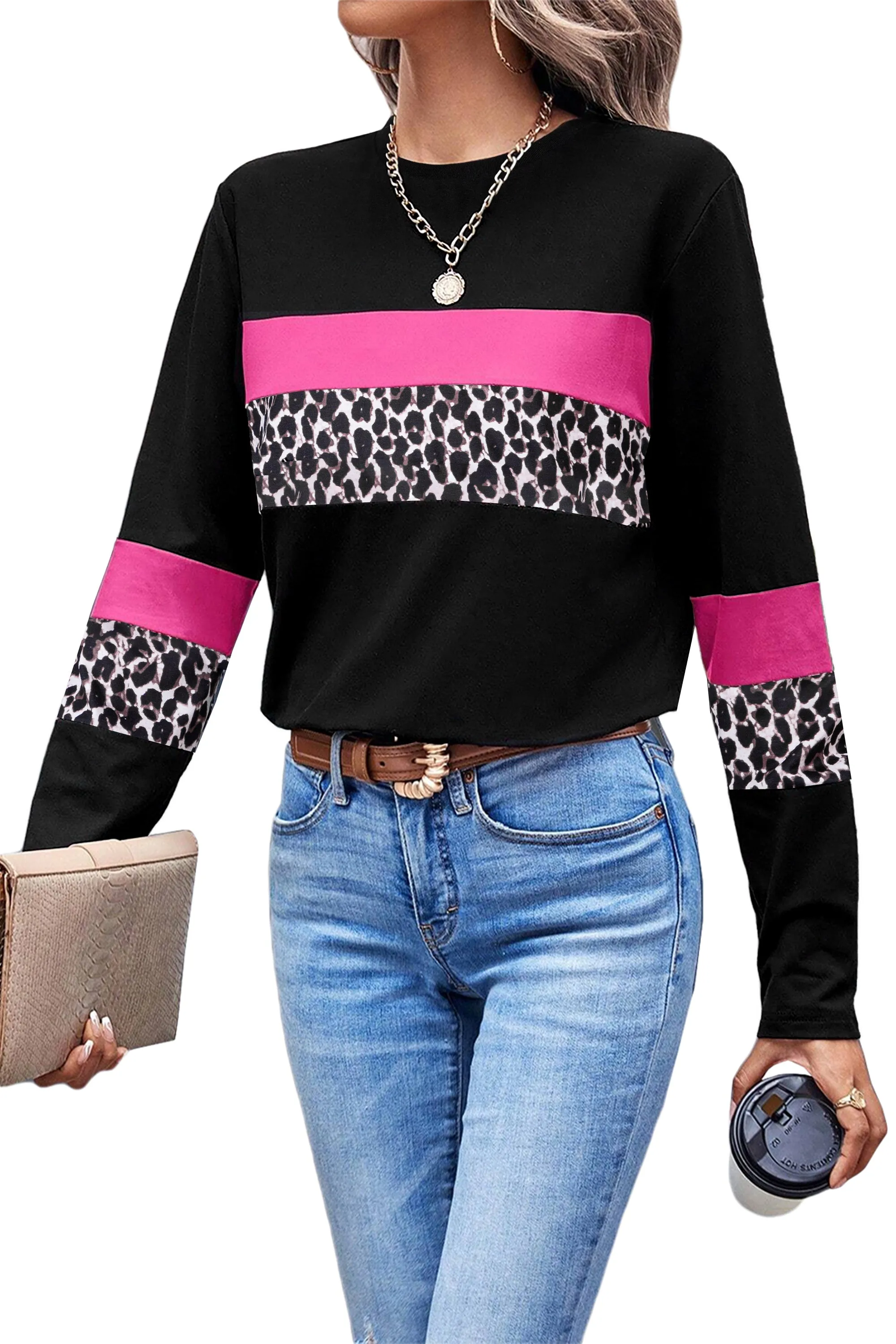 Women's Rose Leopard Colorblock Patchwork Crew Neck Shirt
