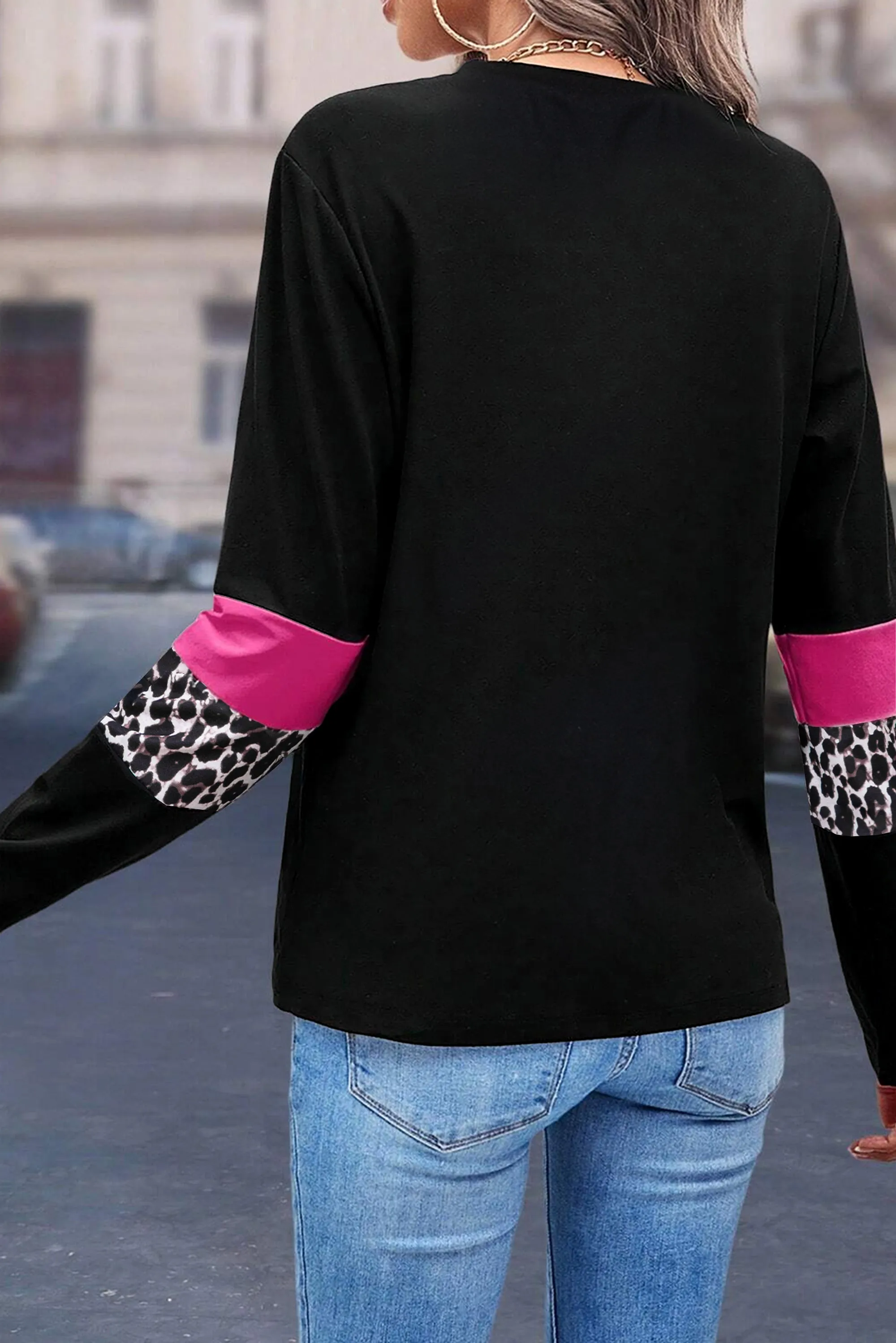 Women's Rose Leopard Colorblock Patchwork Crew Neck Shirt