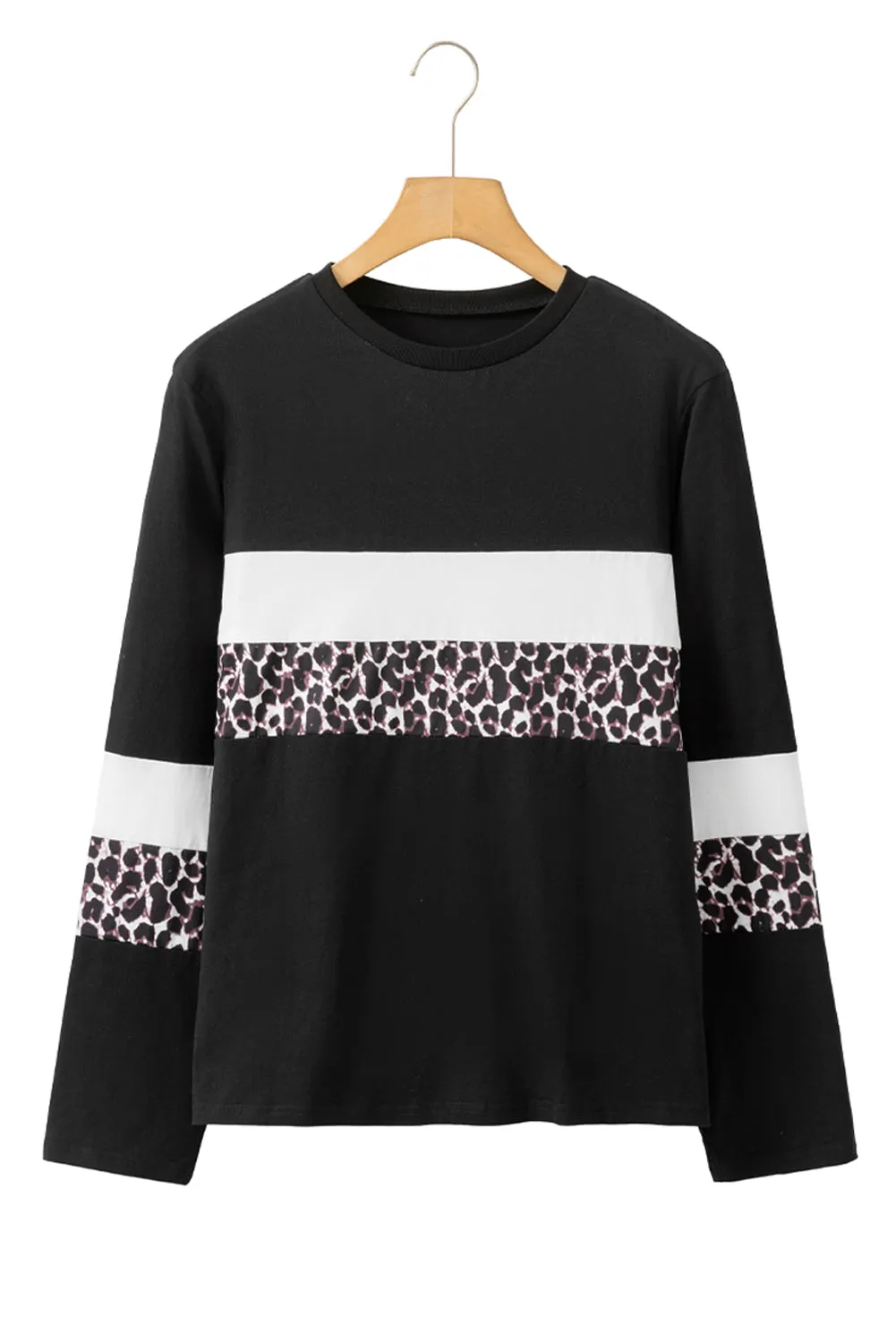 Women's Rose Leopard Colorblock Patchwork Crew Neck Shirt