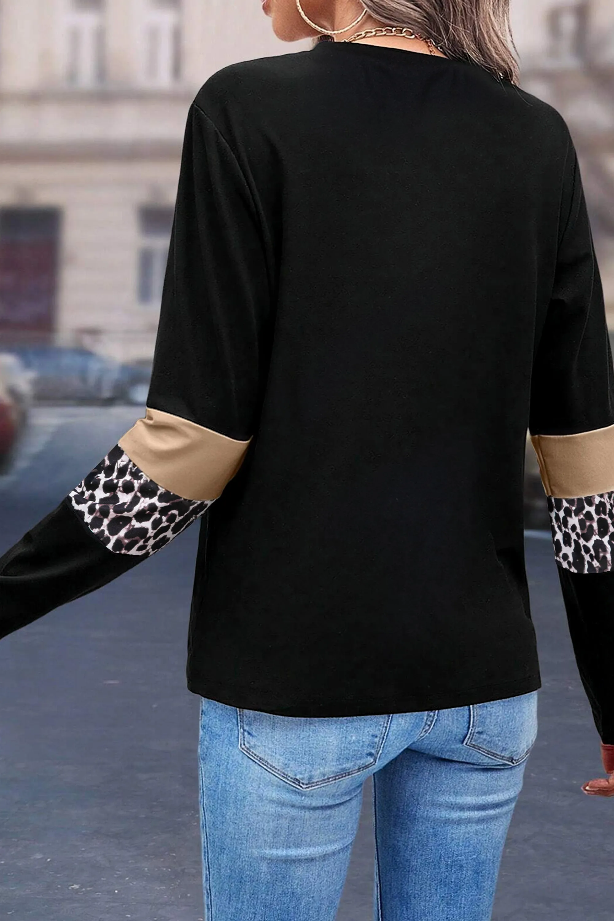 Women's Rose Leopard Colorblock Patchwork Crew Neck Shirt
