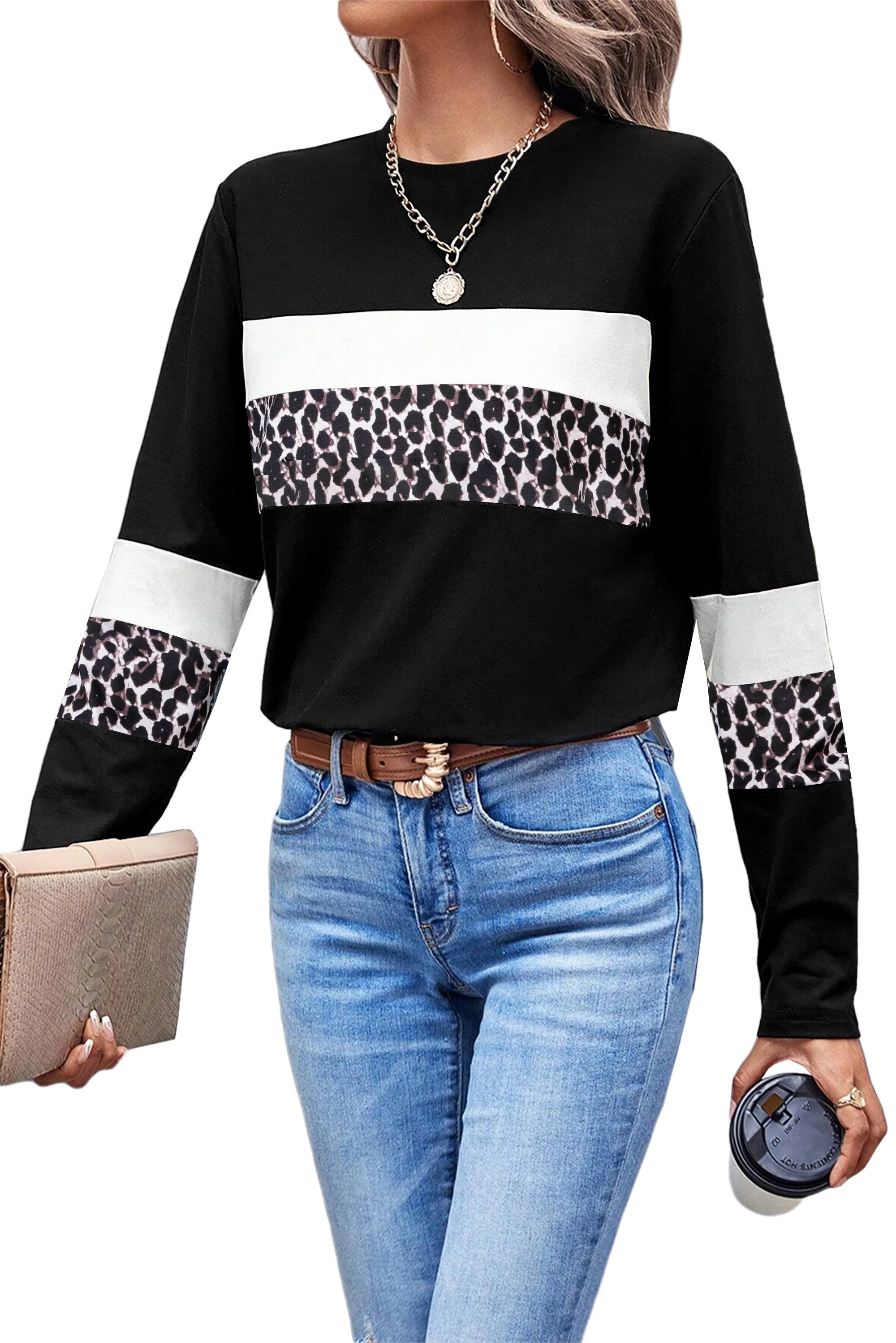 Women's Rose Leopard Colorblock Patchwork Crew Neck Shirt