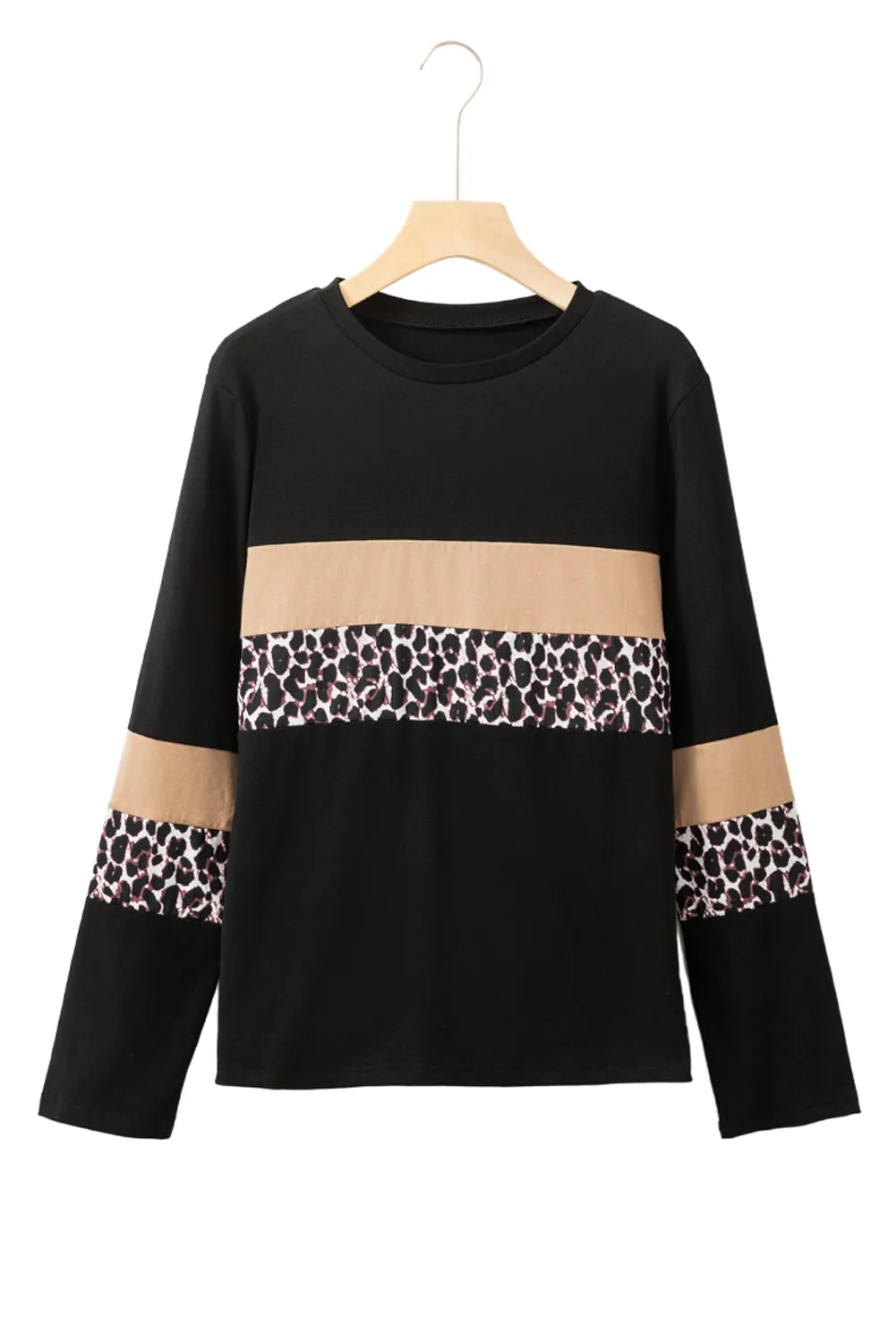 Women's Rose Leopard Colorblock Patchwork Crew Neck Shirt
