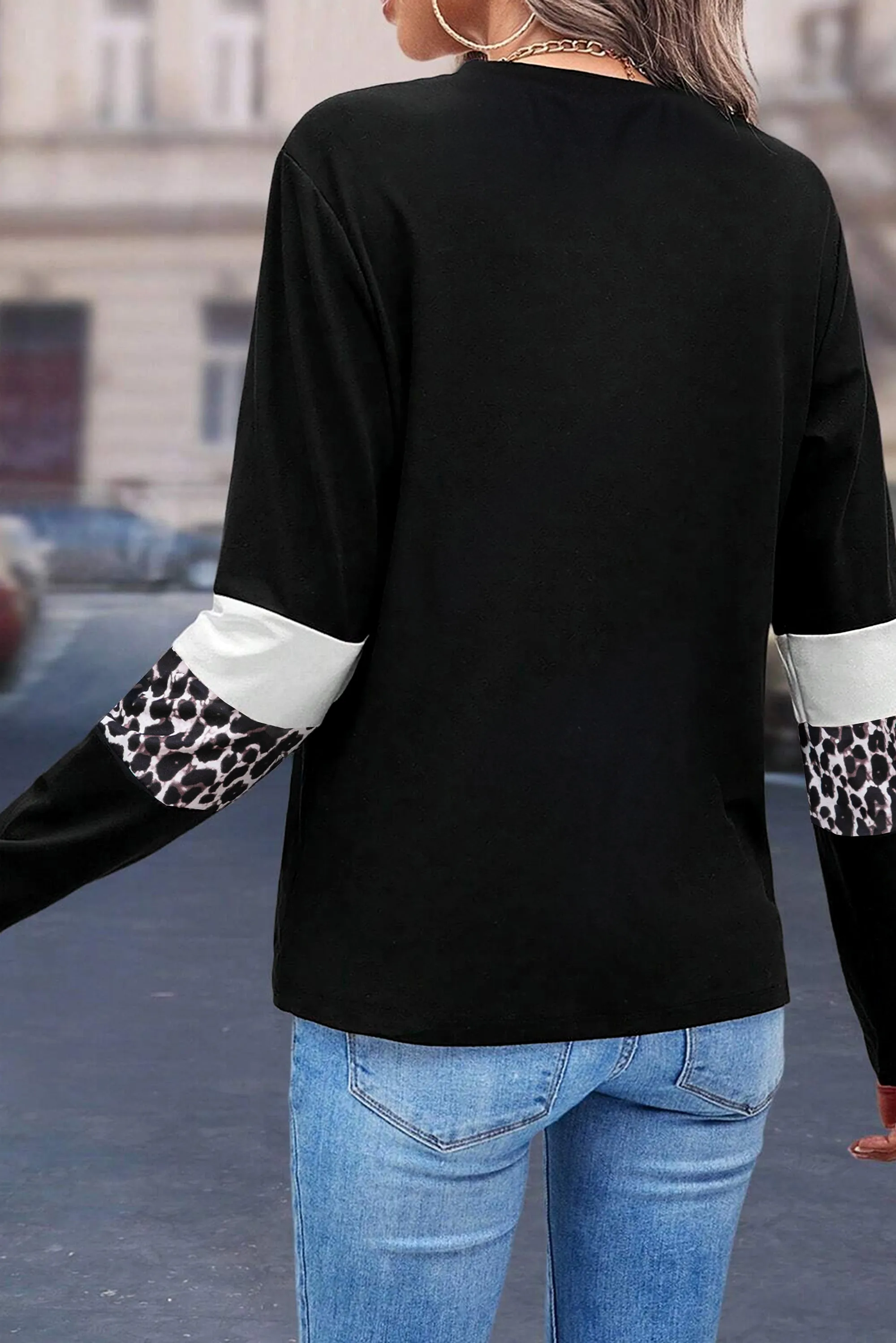 Women's Rose Leopard Colorblock Patchwork Crew Neck Shirt