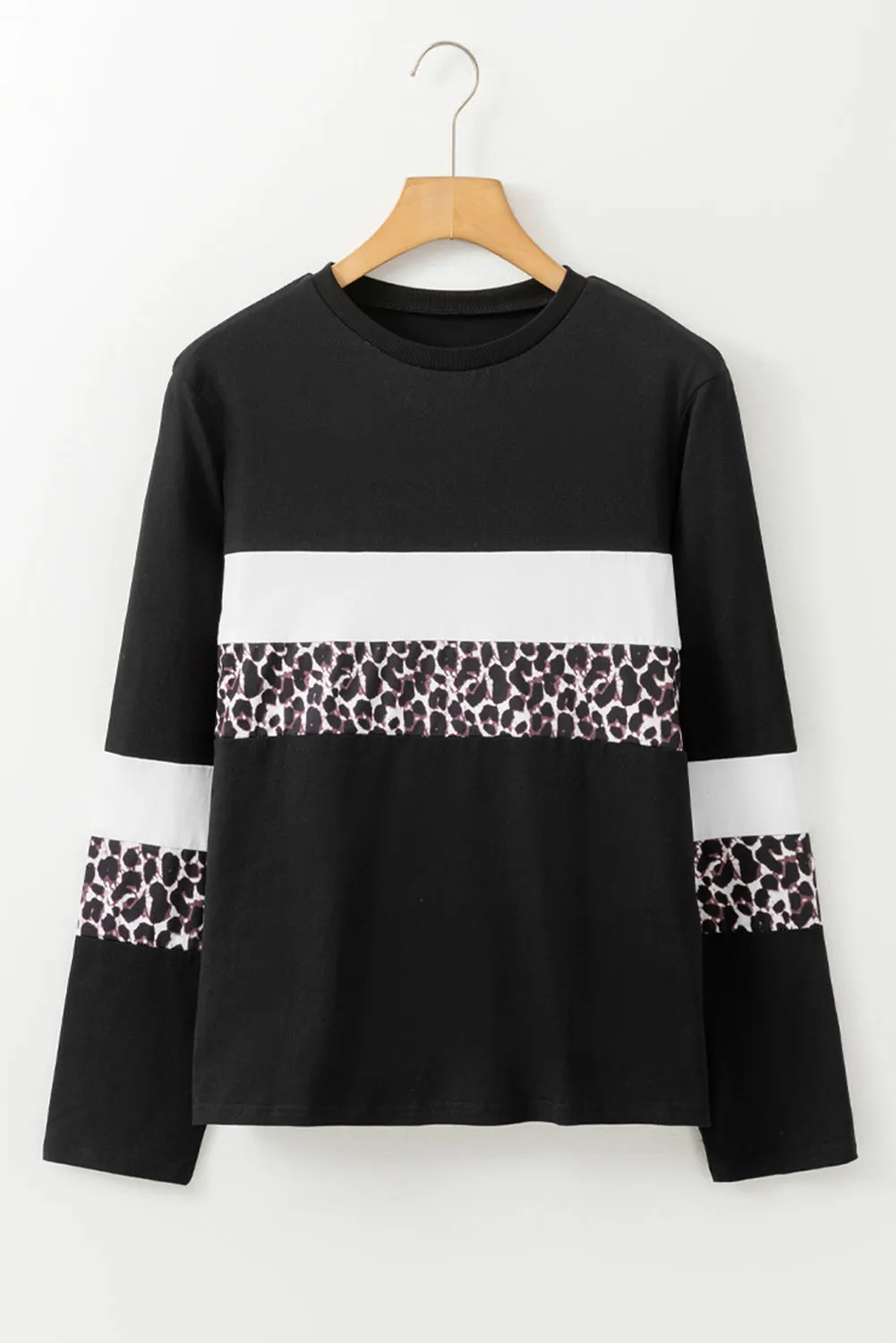 Women's Rose Leopard Colorblock Patchwork Crew Neck Shirt