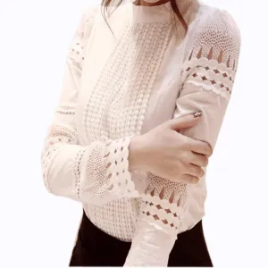 Women's Shirts Long-sleeved Blouses Slim Basic Tops Hollow Lace Shirts For Female J2531