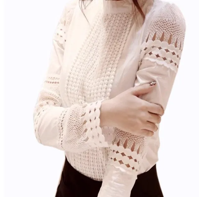 Women's Shirts Long-sleeved Blouses Slim Basic Tops Hollow Lace Shirts For Female J2531
