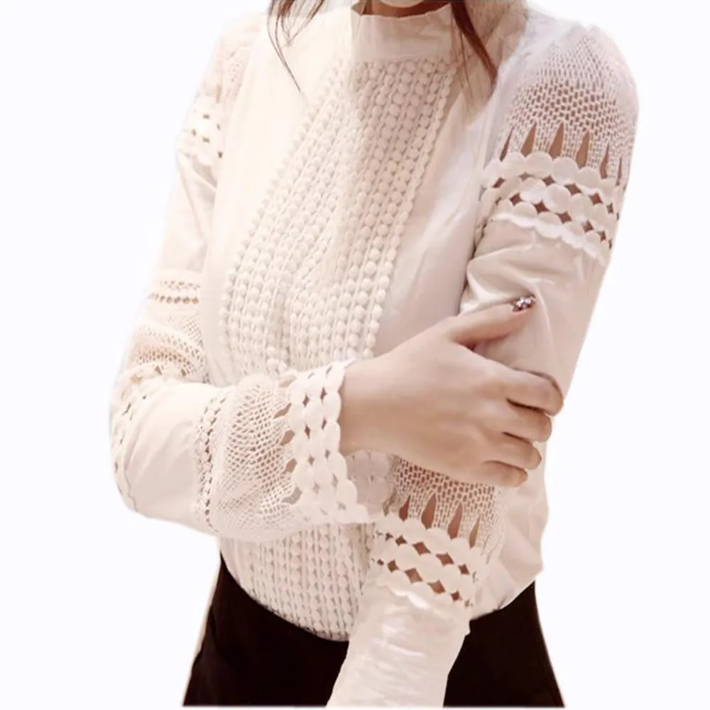 Women's Shirts Long-sleeved Blouses Slim Basic Tops Hollow Lace Shirts For Female J2531