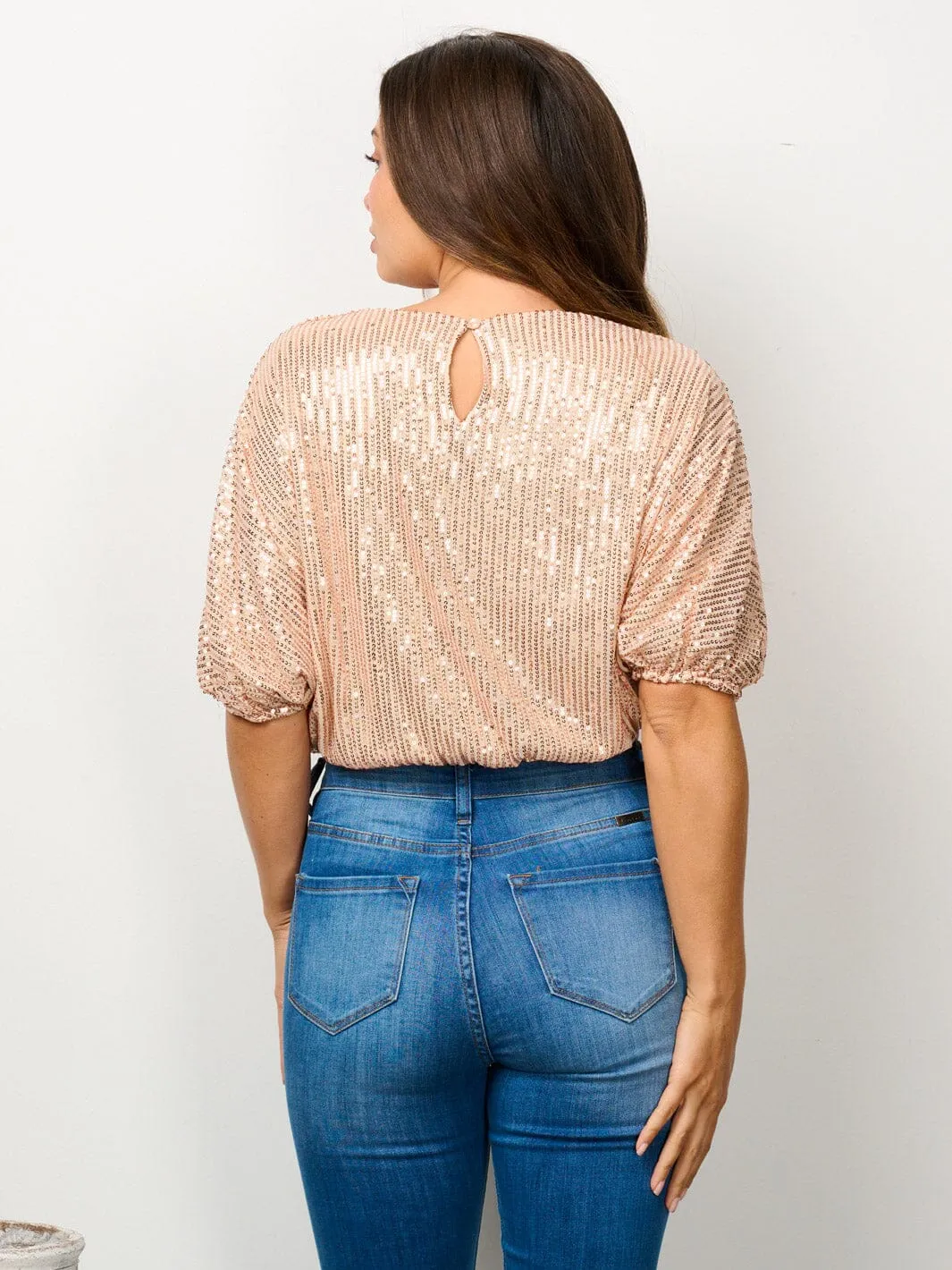 WOMEN'S SHORT PUFF SLEEVE SEQUINS CROP TOP